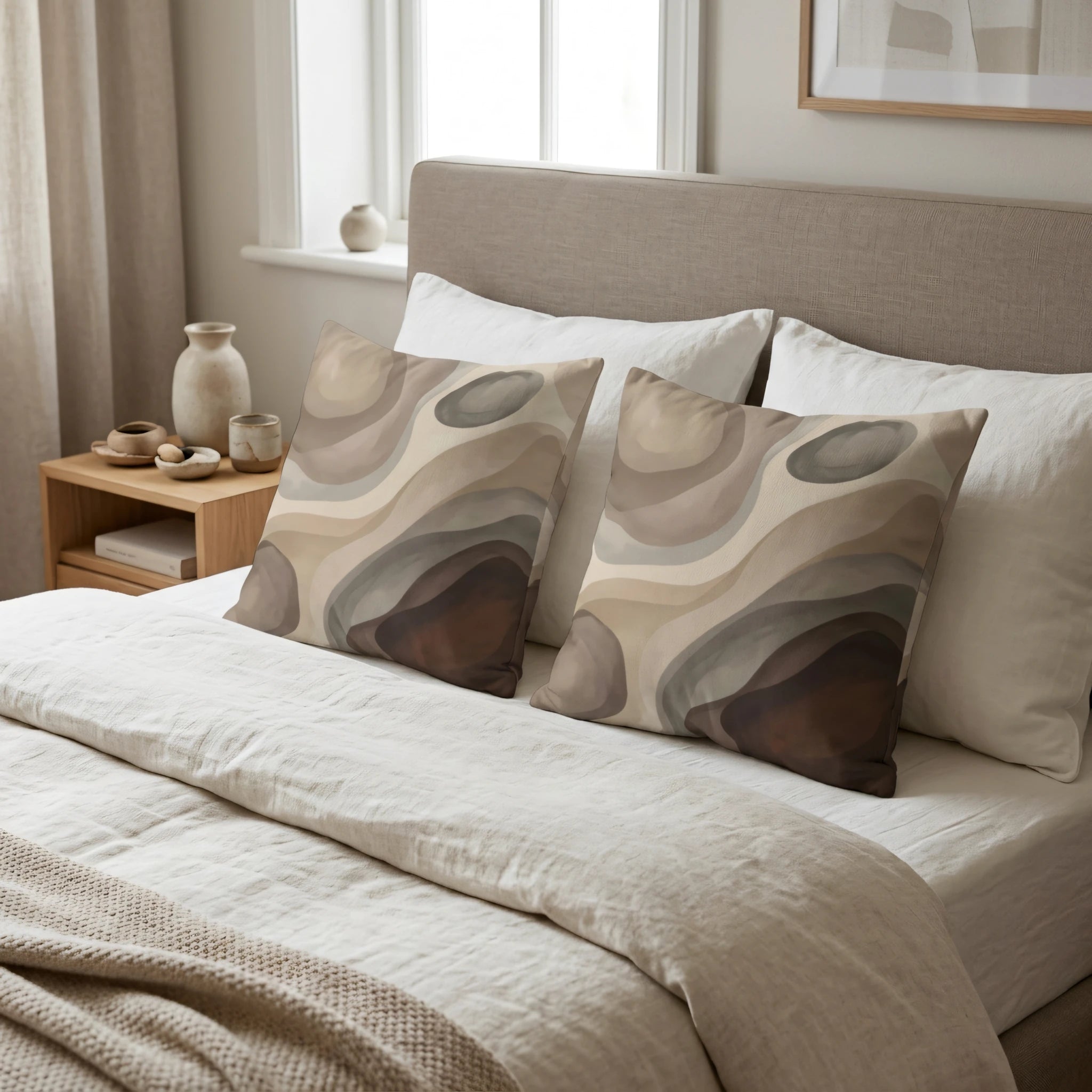 Pair of throw pillows with abstract wavy patterns in brown and beige tones on a neutral white bed in a serene, minimalist bedroom setting.