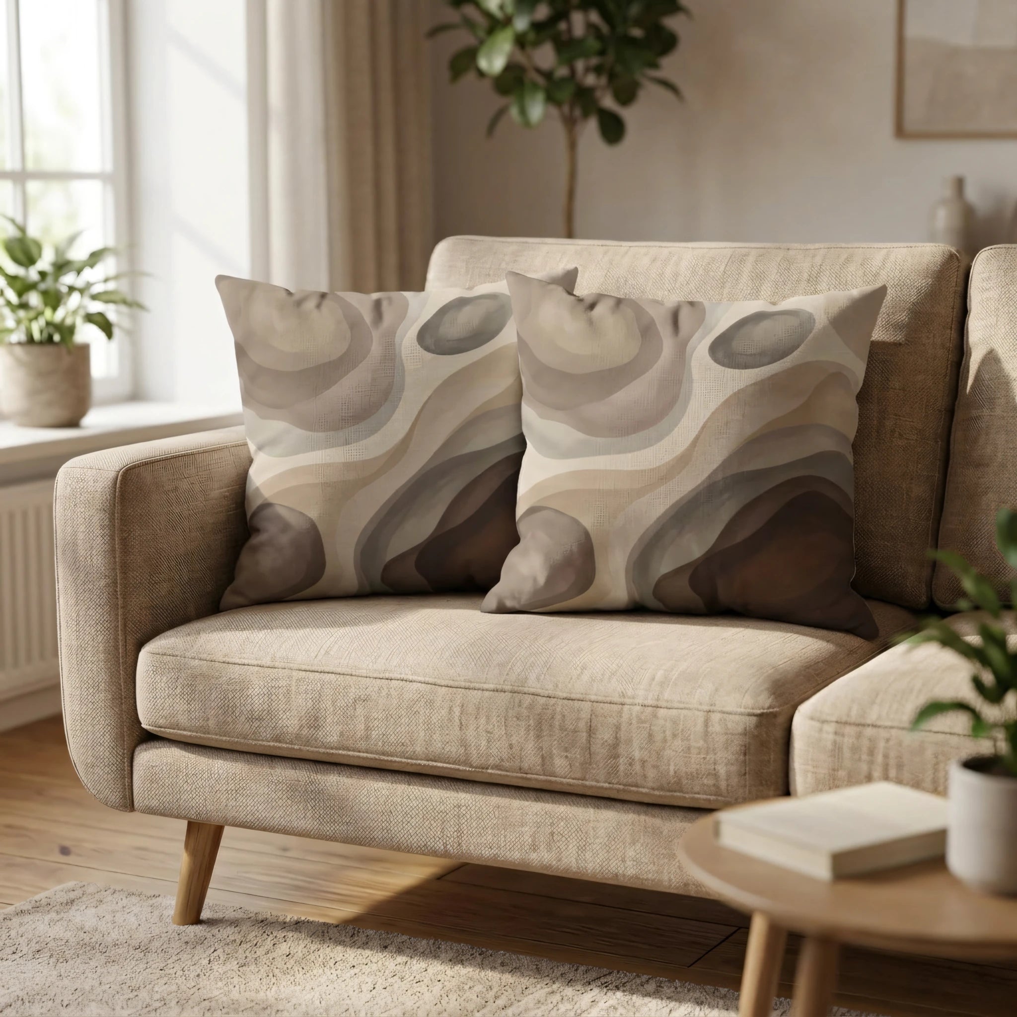 Two earthy abstract wave pattern cushions on a beige sofa in a bright, modern living room setting with potted plants and natural light.