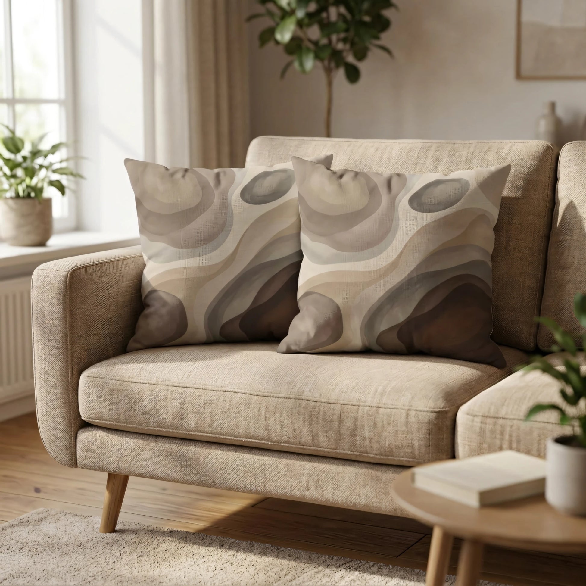 Two earthy abstract wave pattern cushions on a beige sofa in a bright, modern living room setting with potted plants and natural light.
