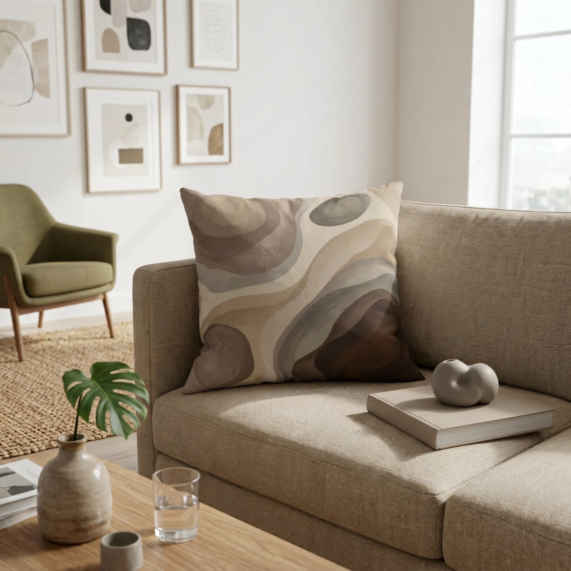 Modern abstract cushion with wavy earthy patterns in brown and beige, displayed on a beige sofa in a stylish, well-lit living room interior.