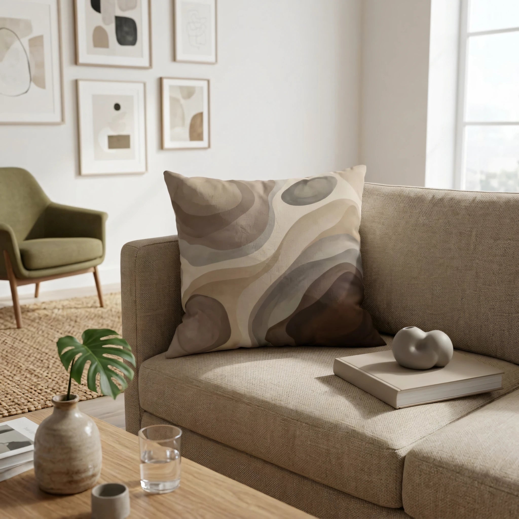 Modern abstract cushion with wavy earthy patterns in brown and beige, displayed on a beige sofa in a stylish, well-lit living room interior.