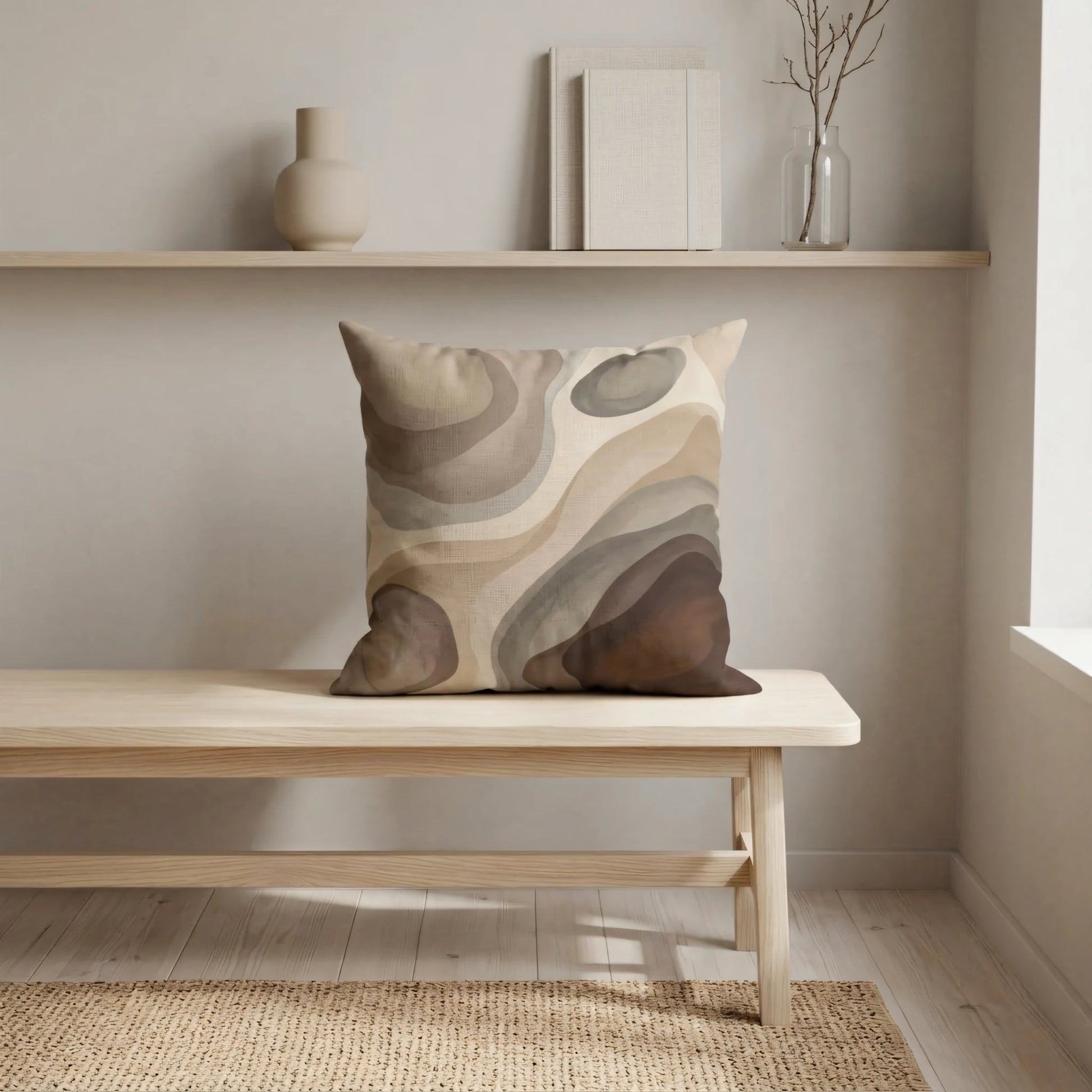 Minimalist pillow with abstract earthy waves in brown and beige tones on a light wood bench within a serene, neutral-toned interior.