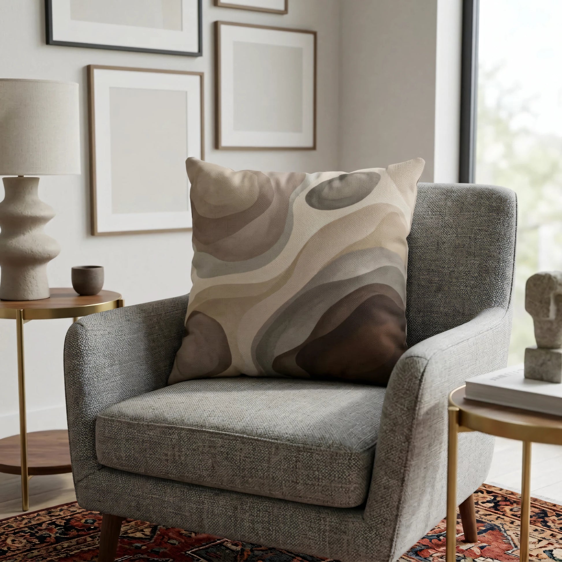 Modern throw pillow with earthy brown abstract waves on a grey armchair in a minimalist living room with neutral decor and wall art.