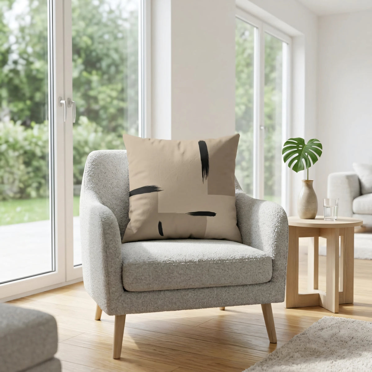 Tan Ink Brushstroke Japandi Cushion Cover, lifestyle view.