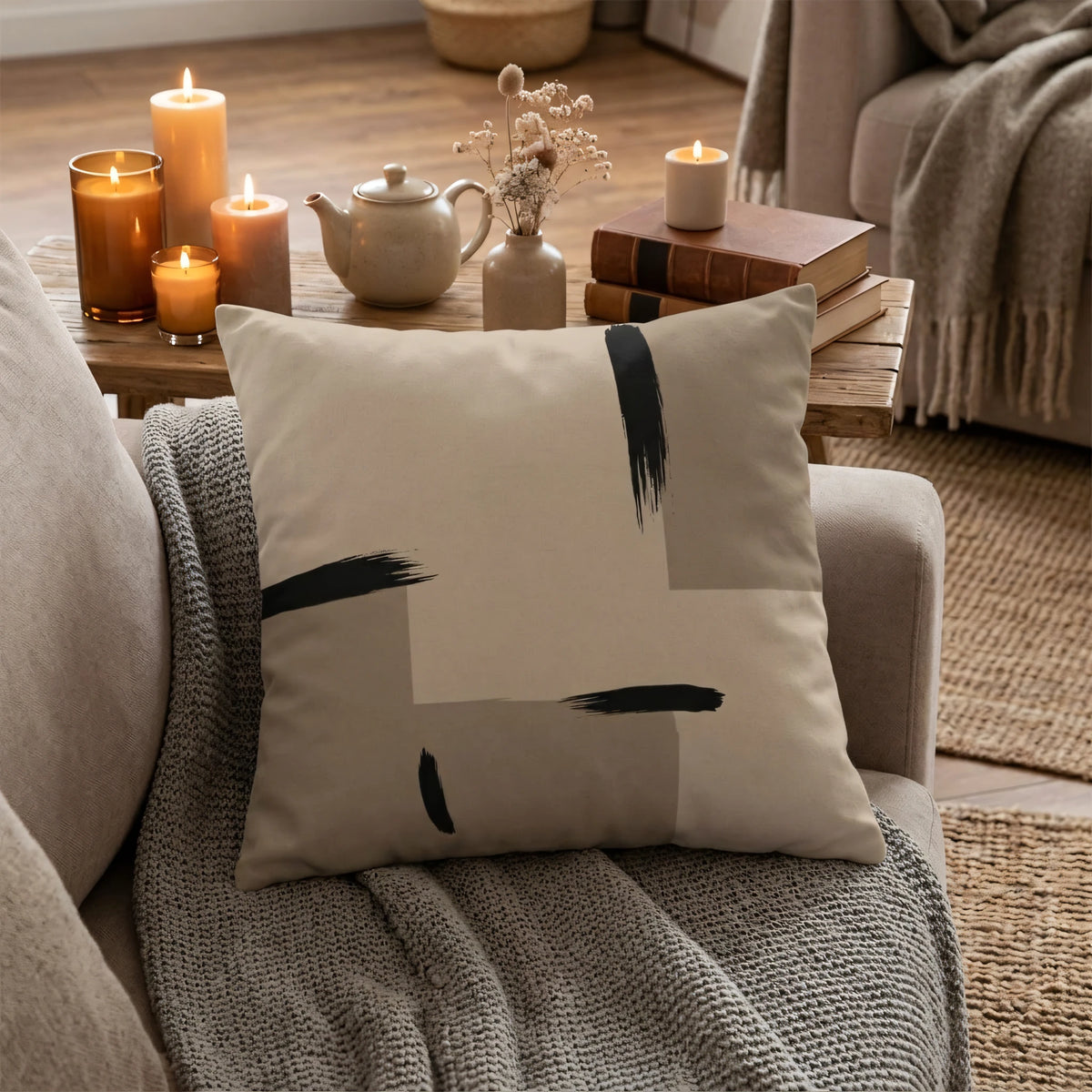 Tan Ink Brushstroke Japandi Cushion Cover, lifestyle view.