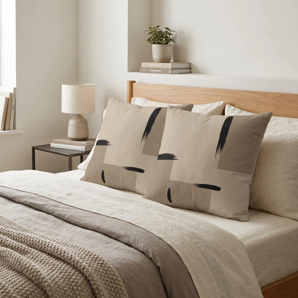 Tan Ink Brushstroke Japandi Cushion Cover, lifestyle view.