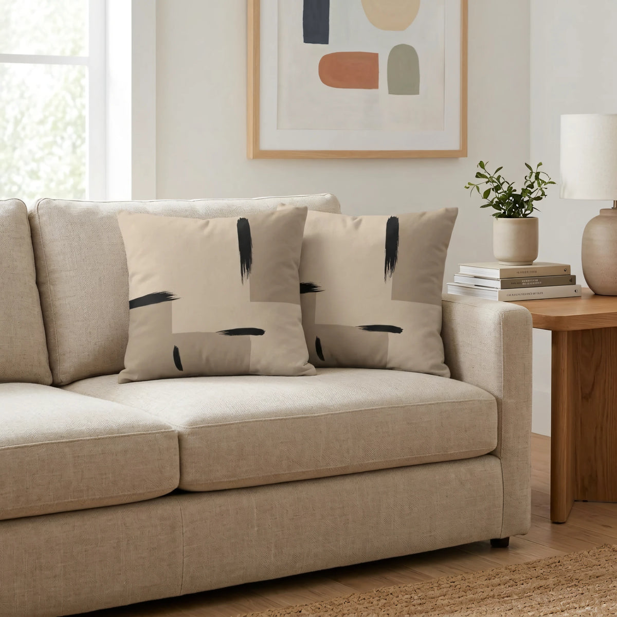 Tan Ink Brushstroke Japandi Cushion Cover, lifestyle view.