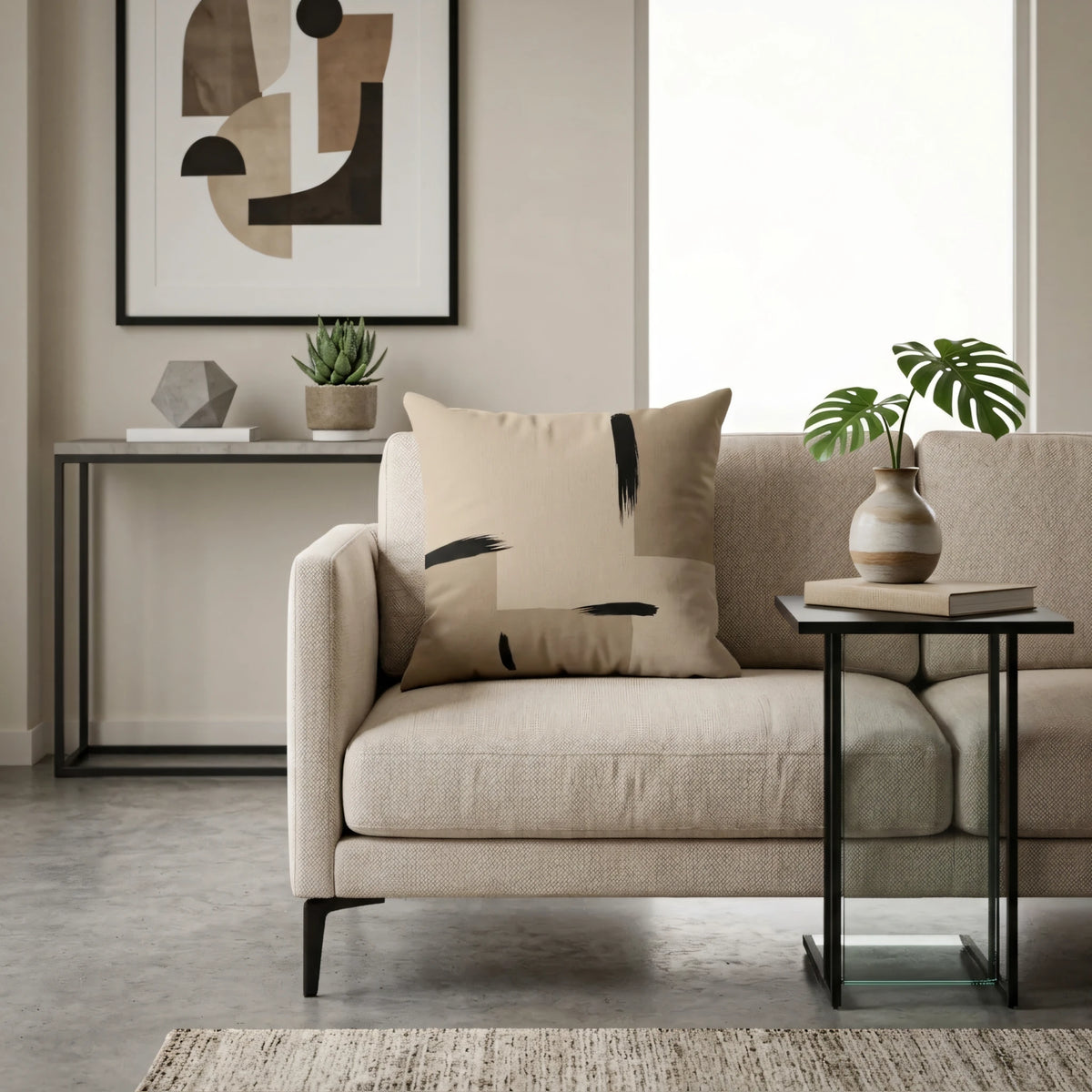 Tan Ink Brushstroke Japandi Cushion Cover, lifestyle view.