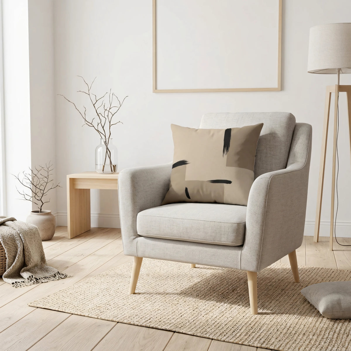 Tan Ink Brushstroke Japandi Cushion Cover, lifestyle view.