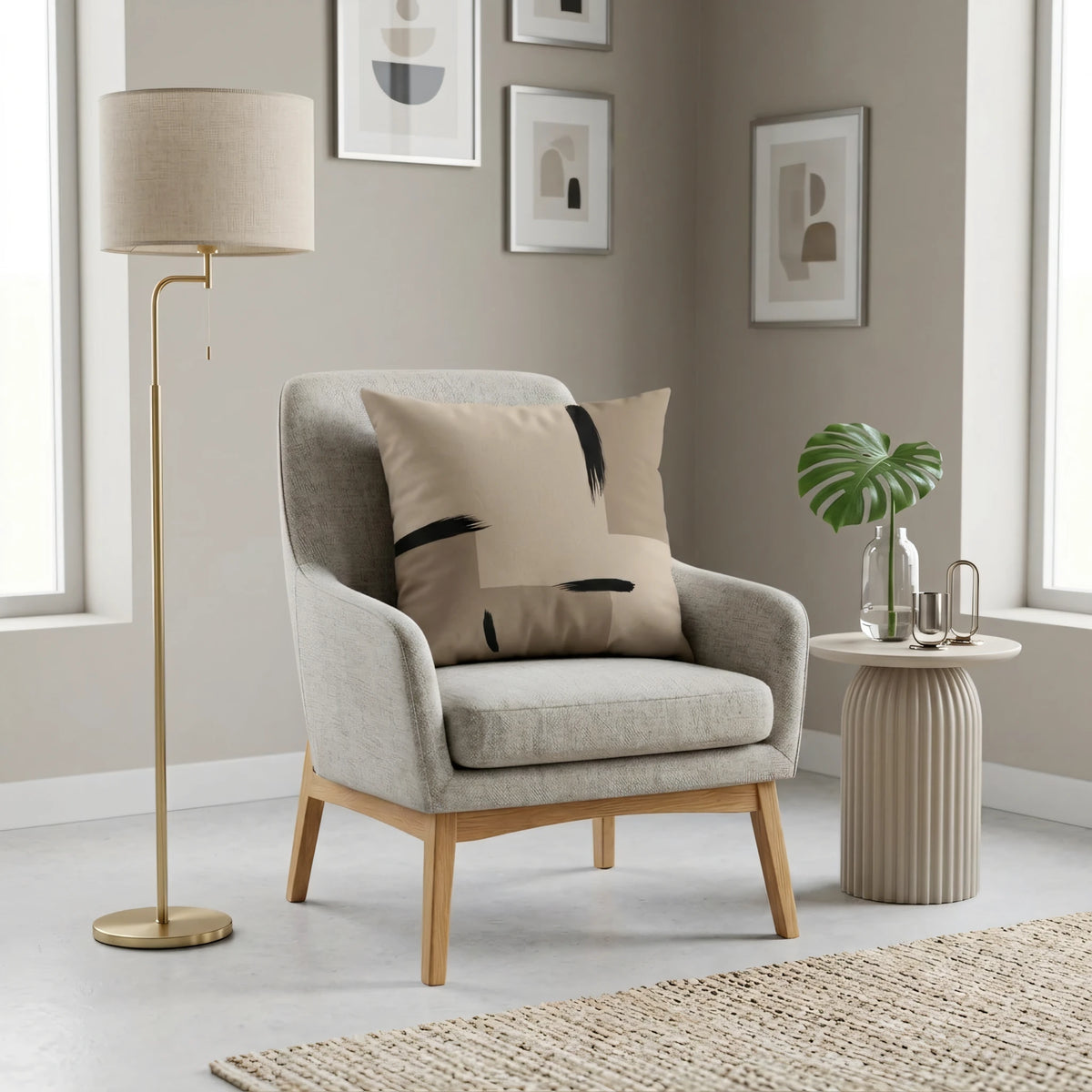 Tan Ink Brushstroke Japandi Cushion Cover, lifestyle view.