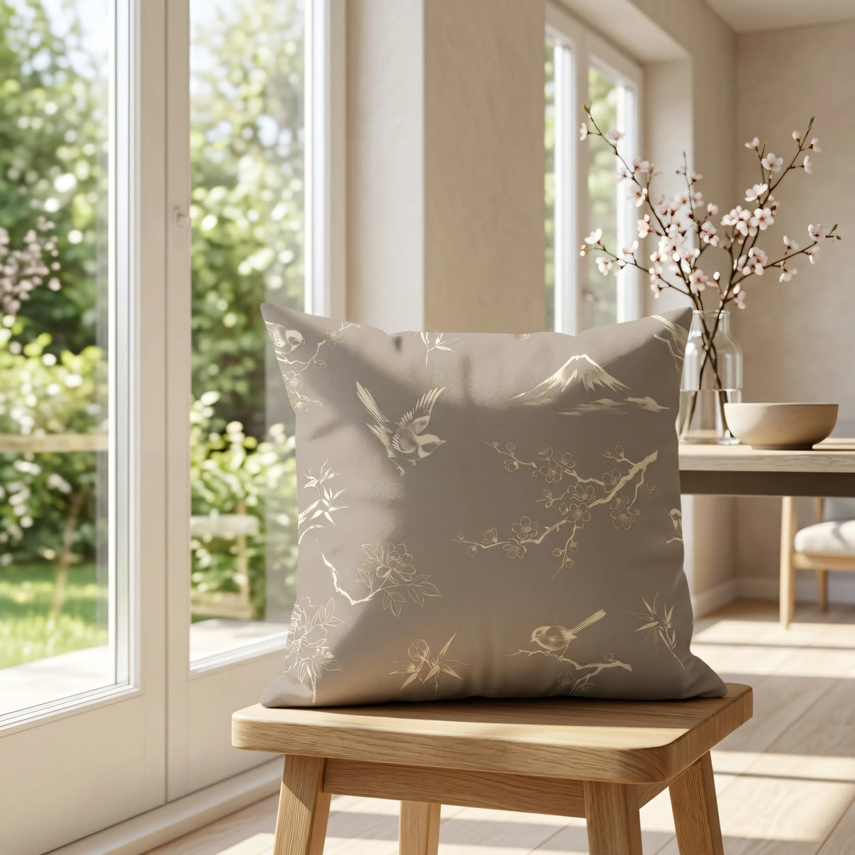 Taupe Oriental Bird Cushion Cover, lifestyle view.