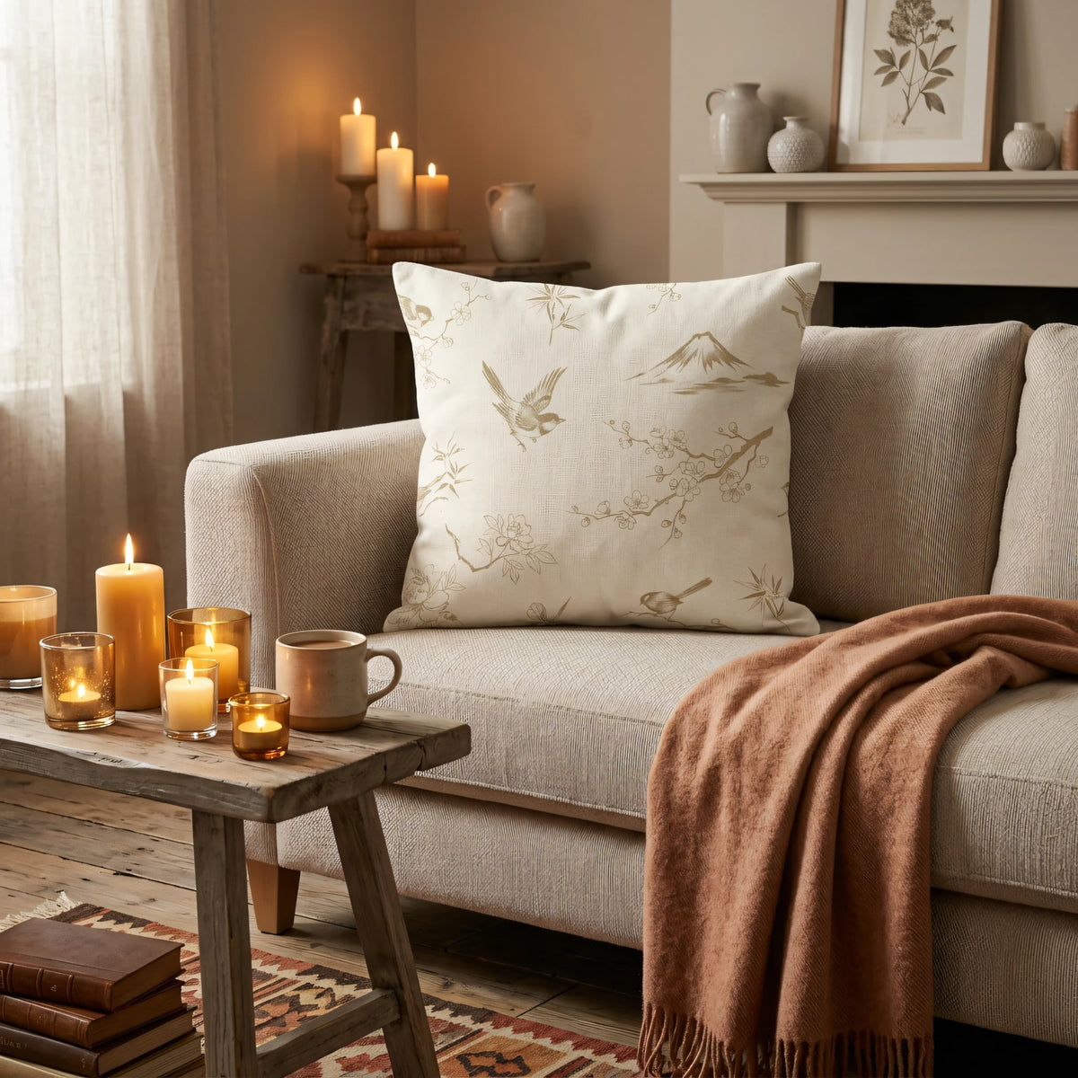 Taupe Oriental Bird Cushion Cover, lifestyle view.