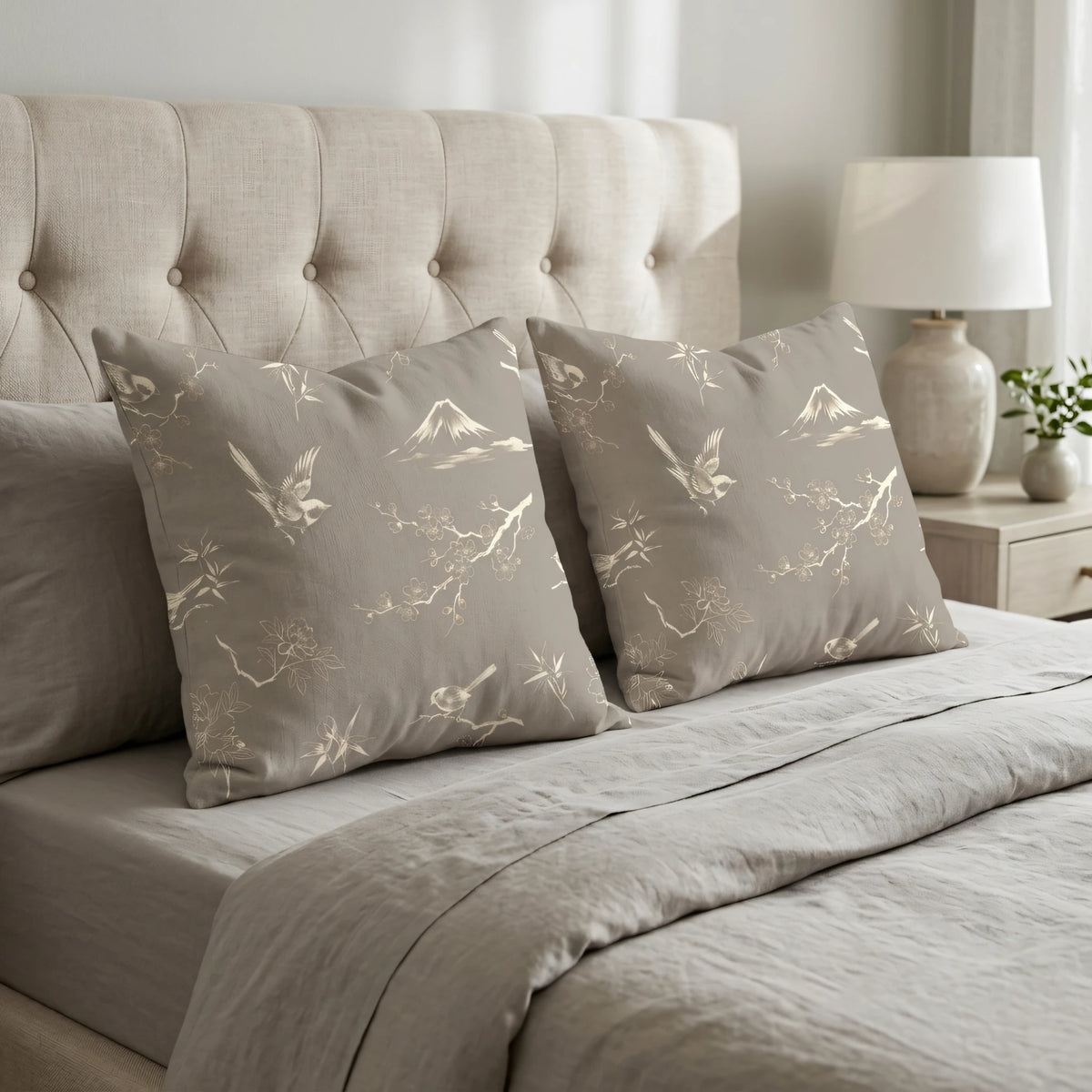 Taupe Oriental Bird Cushion Cover, lifestyle view.