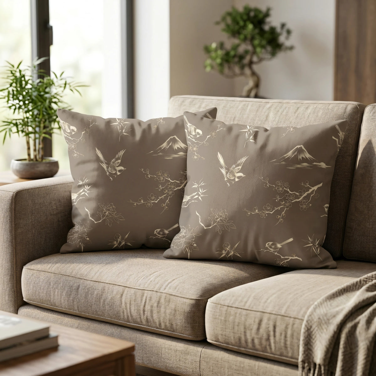 Taupe Oriental Bird Cushion Cover, lifestyle view.
