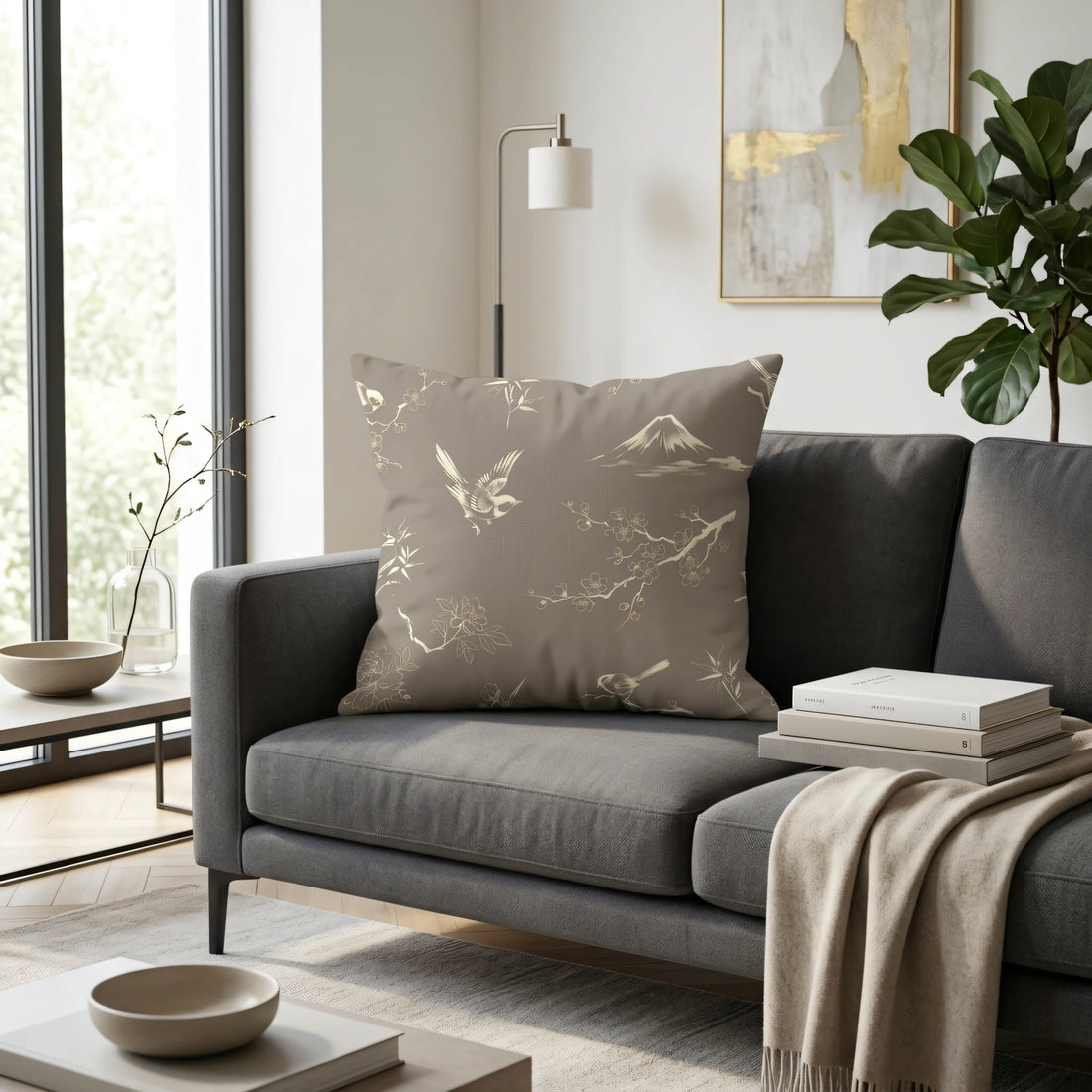 Front view of Taupe Oriental Bird Cushion Cover on a white background.