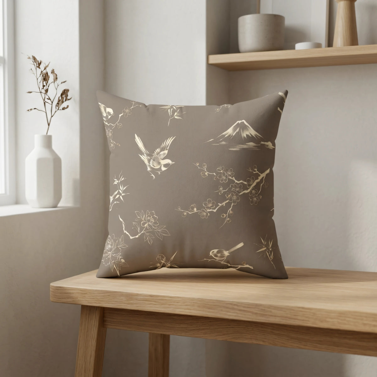 Taupe Oriental Bird Cushion Cover, lifestyle view.