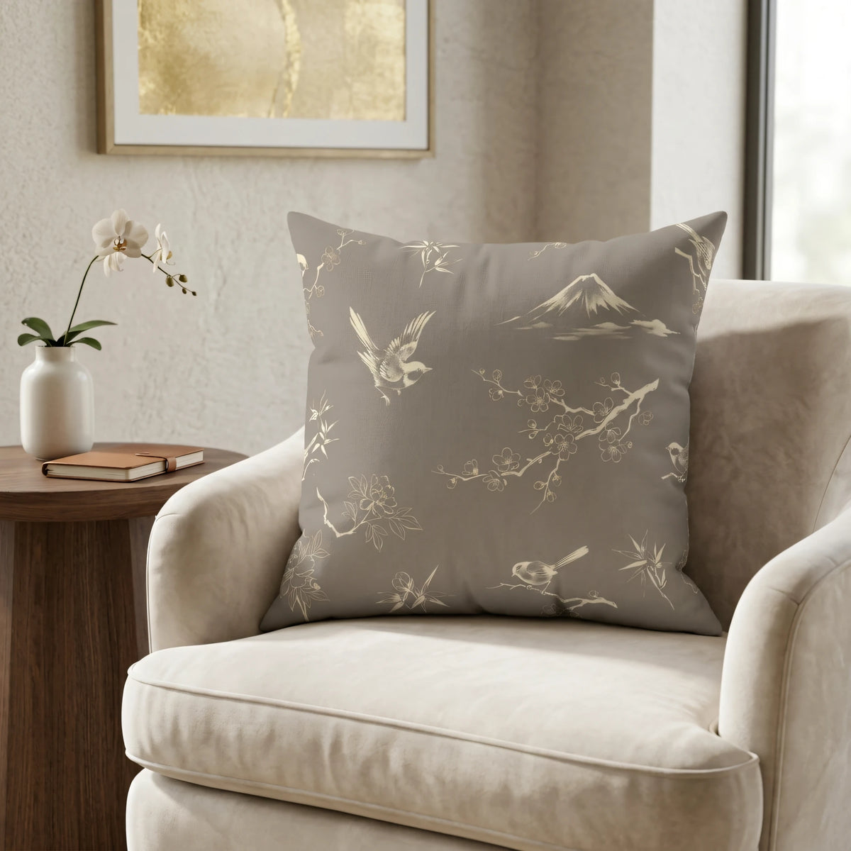Taupe Oriental Bird Cushion Cover, lifestyle view.