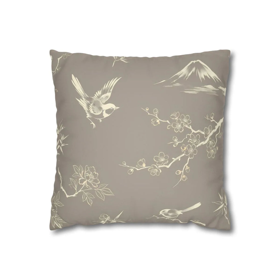 Front view of Taupe Oriental Bird Cushion Cover on a white background.