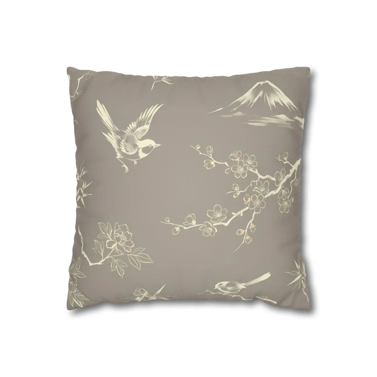 Front view of Taupe Oriental Bird Cushion Cover on a white background.