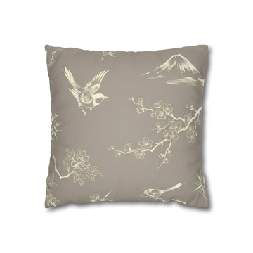 Front view of Taupe Oriental Bird Cushion Cover on a white background.