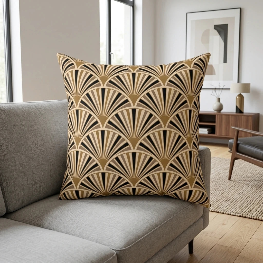 Front view of Roaring Twenties Throw Cushion Champagne and Ebony Tiered on a white background.
