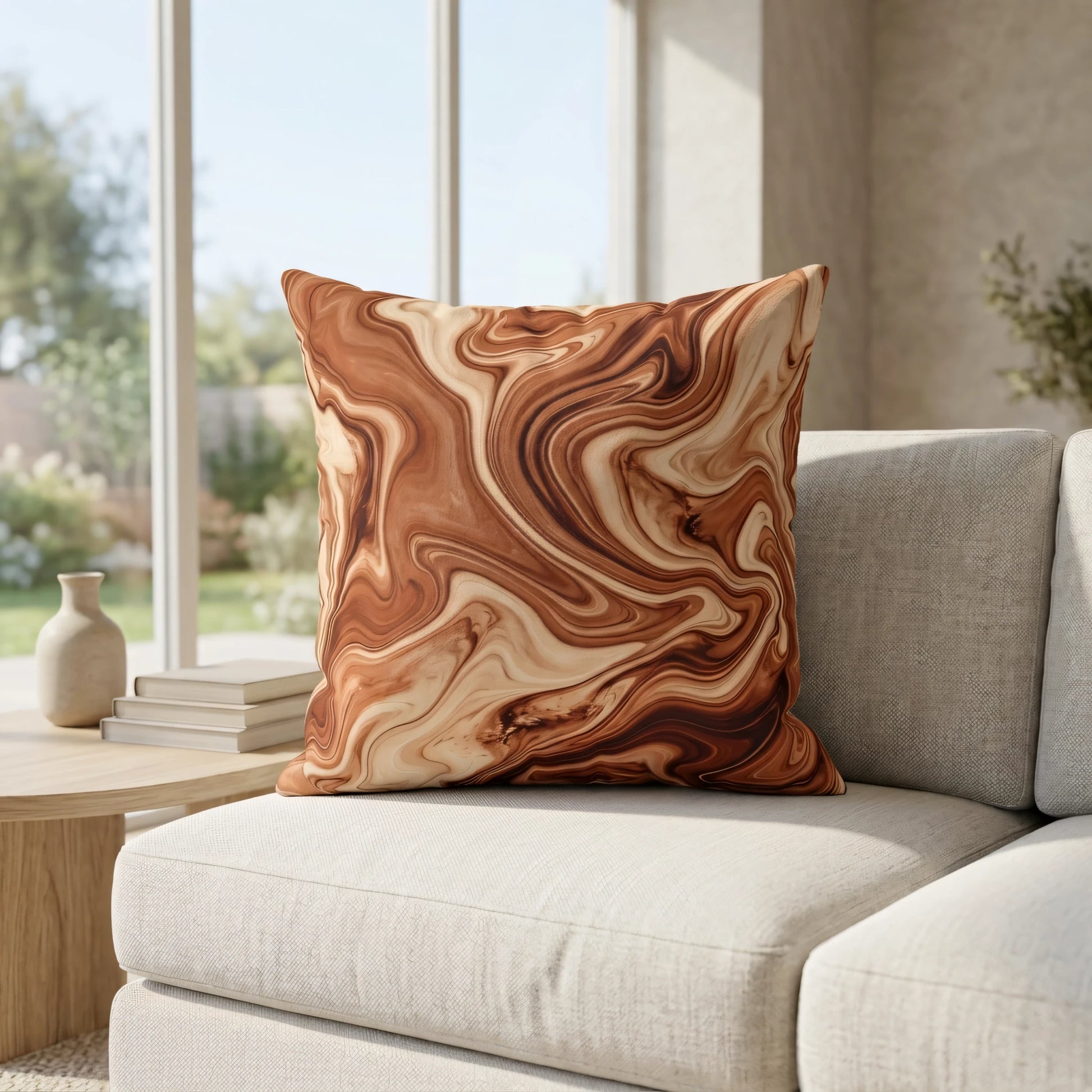 Brown and cream marble swirl decorative cushion on a light beige sofa in a bright, sunlit modern living room lifestyle setting.