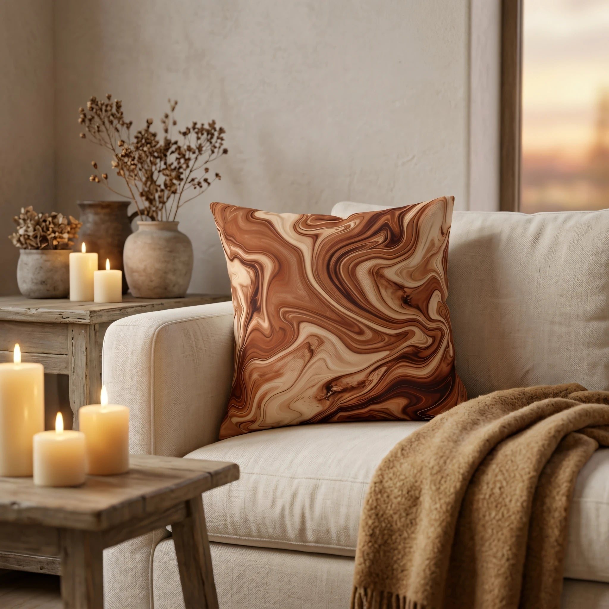 Brown and tan marble pattern cushion on a cream sofa in a cozy living room with warm candles and a rustic wooden table.
