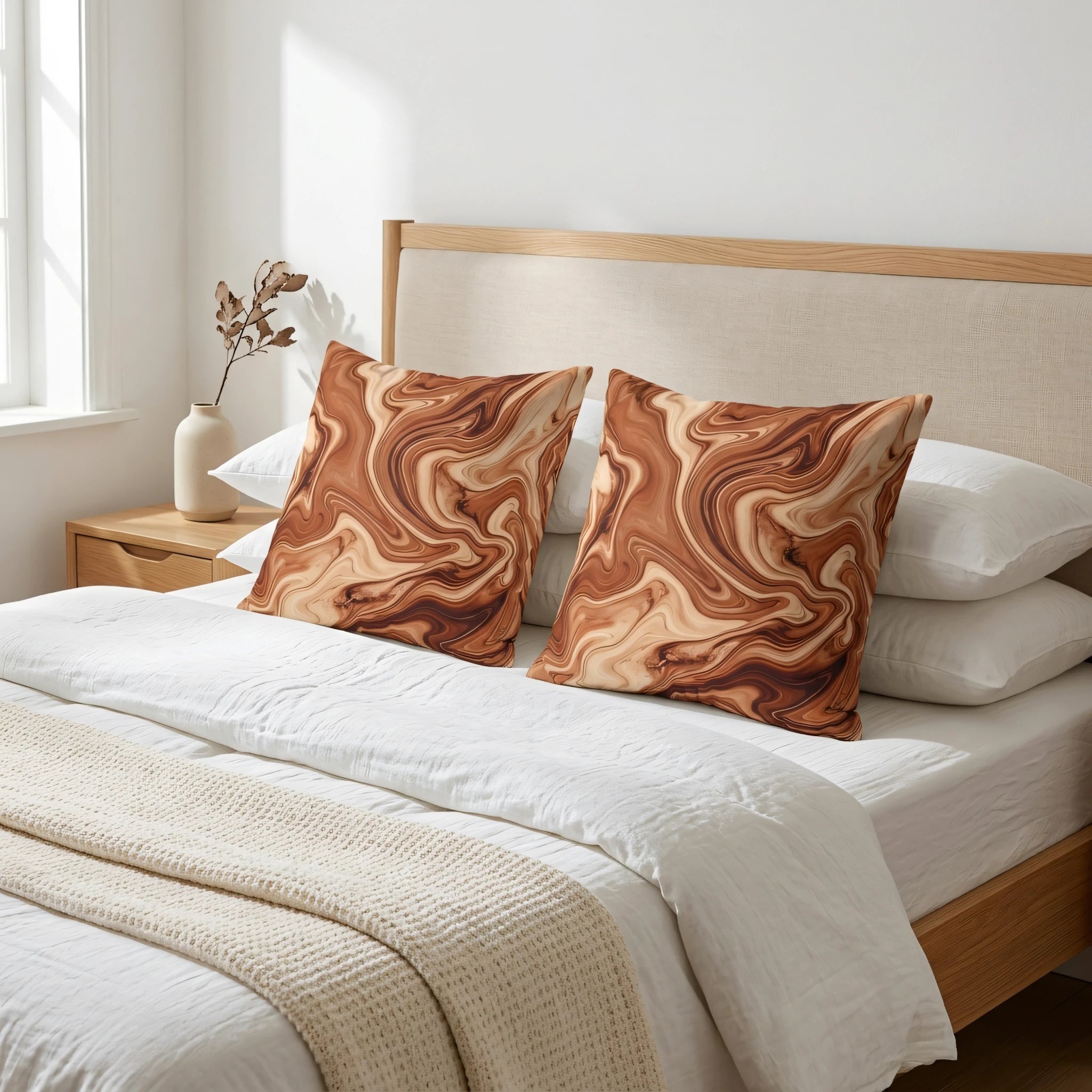 Pair of decorative pillows with a brown marble swirl pattern on a white bed in a minimalist bedroom with a light wood headboard.
