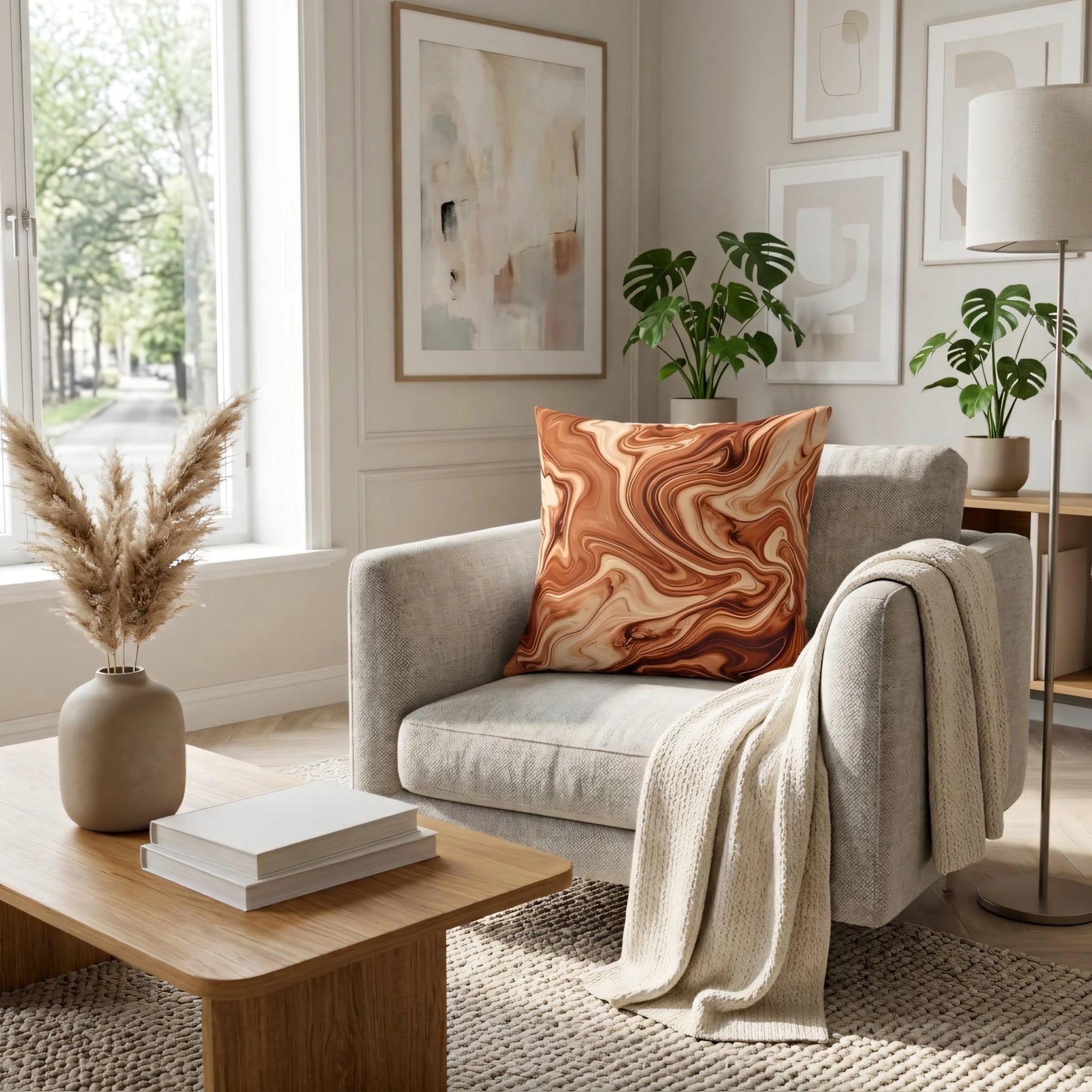 Brown liquid marble pattern cushion on a light gray armchair in a bright, modern living room with beige decor and indoor plants.