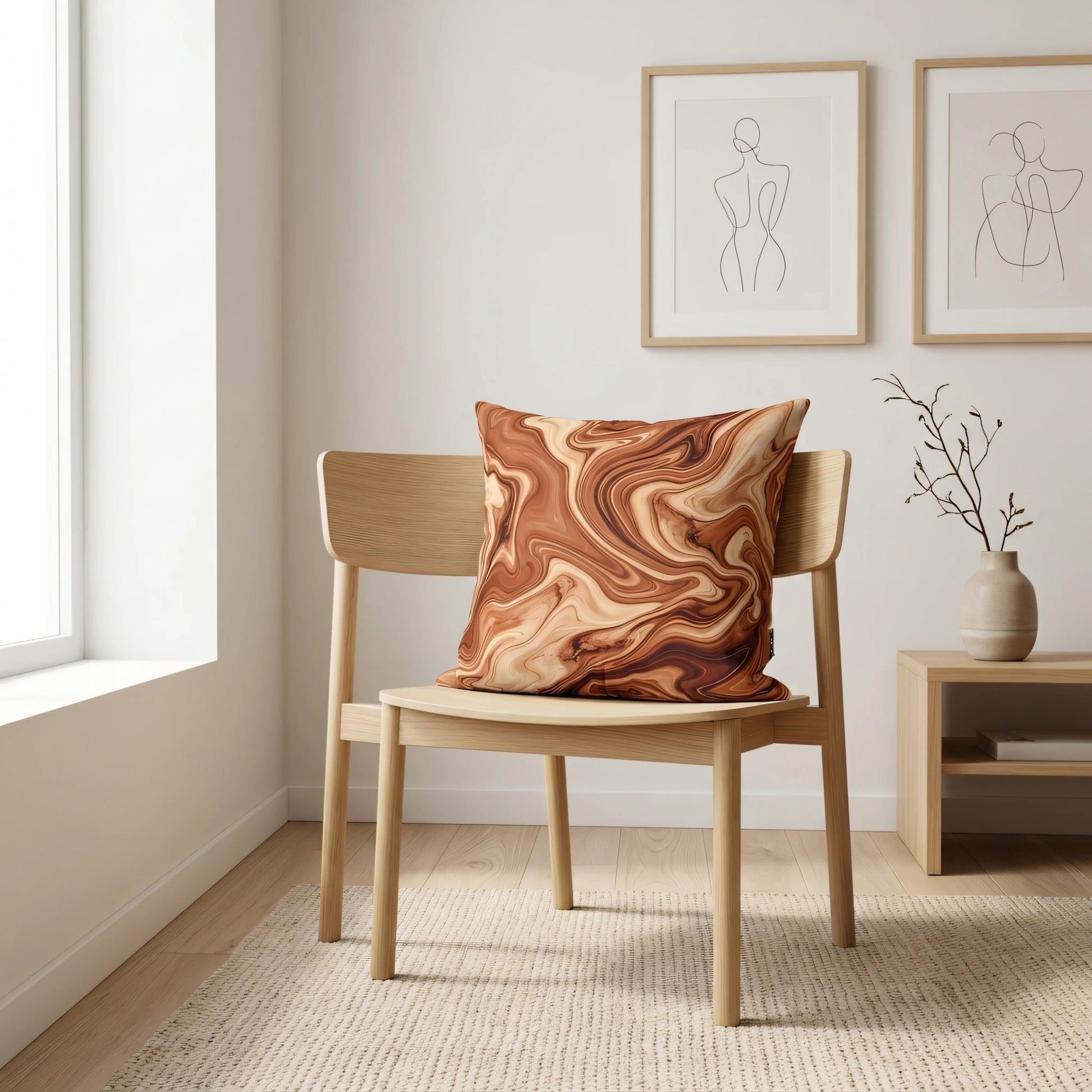 Modern brown marble swirl decorative pillow on a light wood chair in a minimalist neutral interior with line art wall decor.
