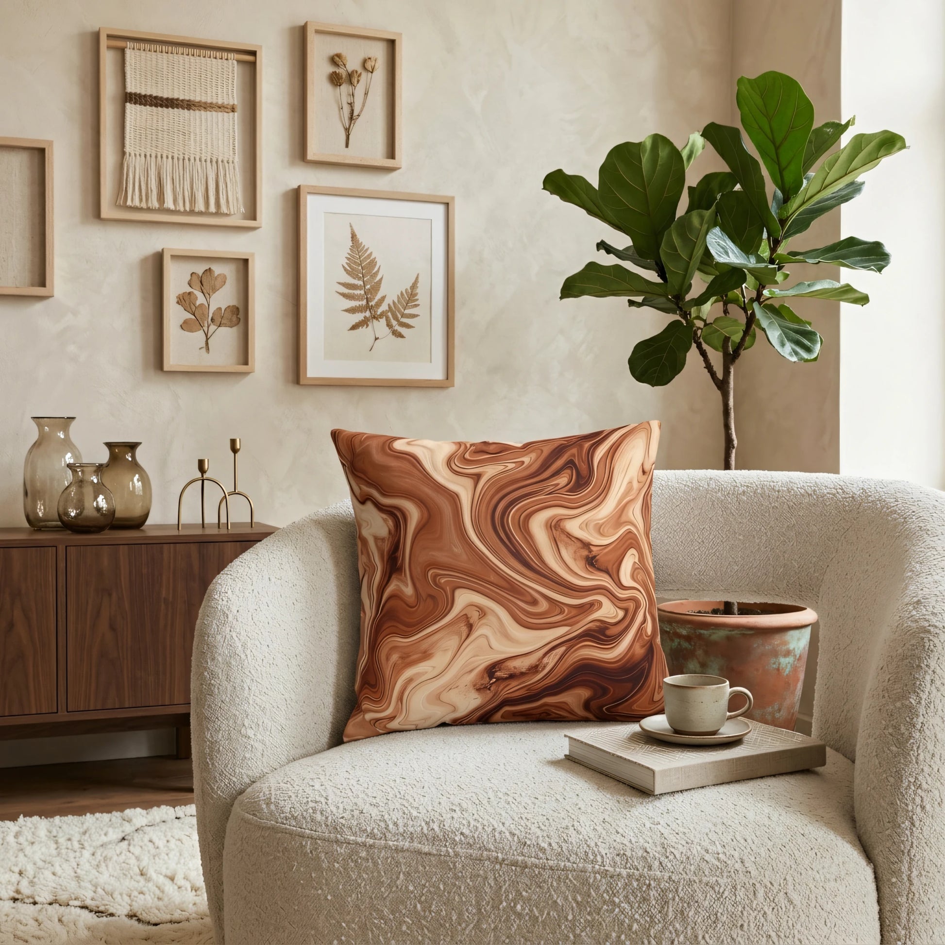 Swirled brown and tan marbled throw pillow on a white textured chair in a neutral living room with a fiddle-leaf fig plant and wooden decor.
