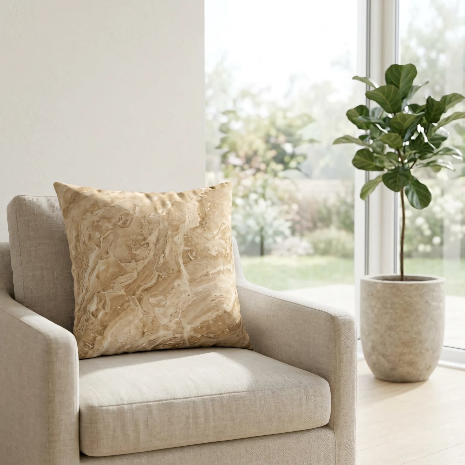 Tan marble textured throw pillow on a beige armchair in a bright room with a fiddle leaf fig plant and garden window view.