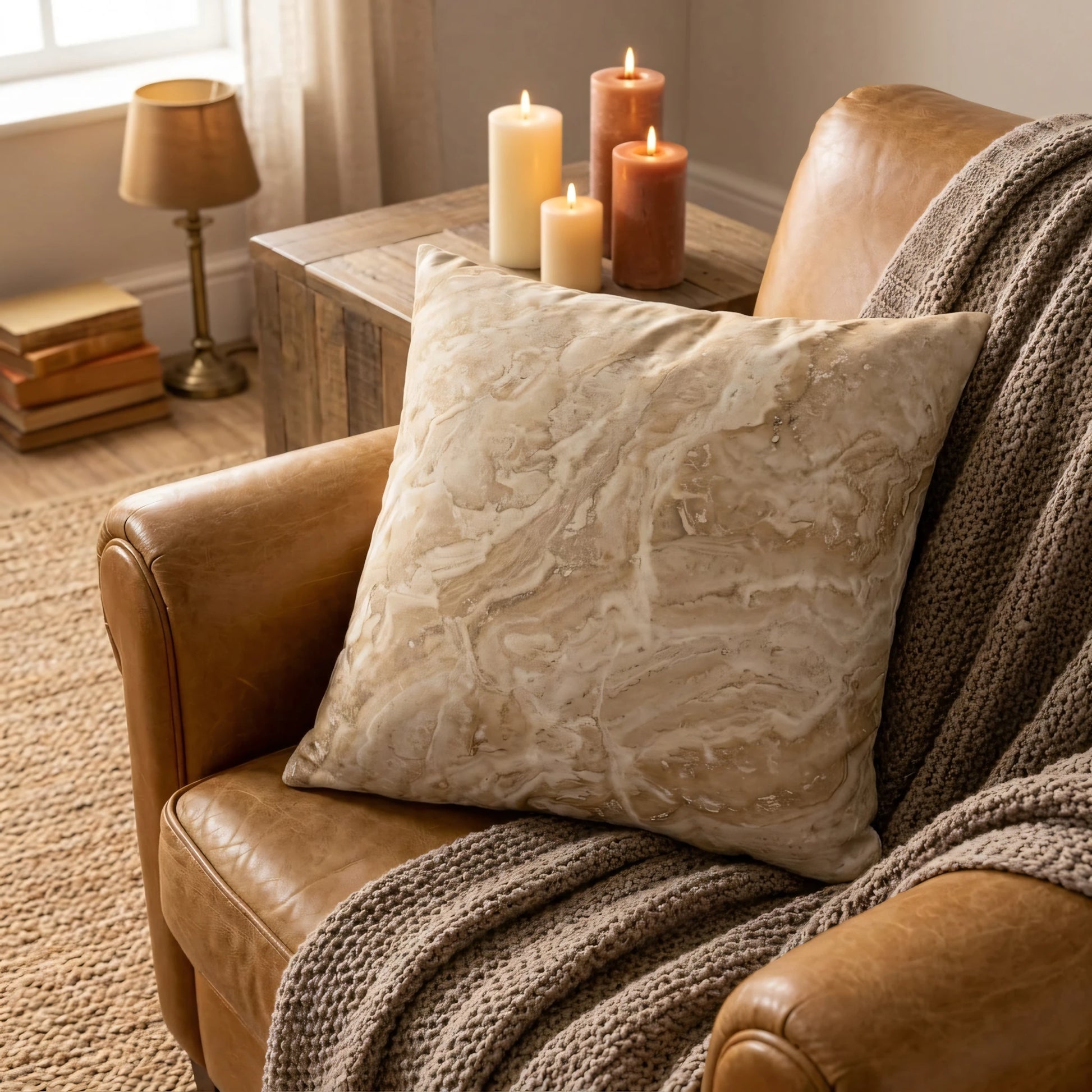 A beige marble print cushion on a brown leather armchair in a cozy living room with lit candles and a warm knitted throw blanket.