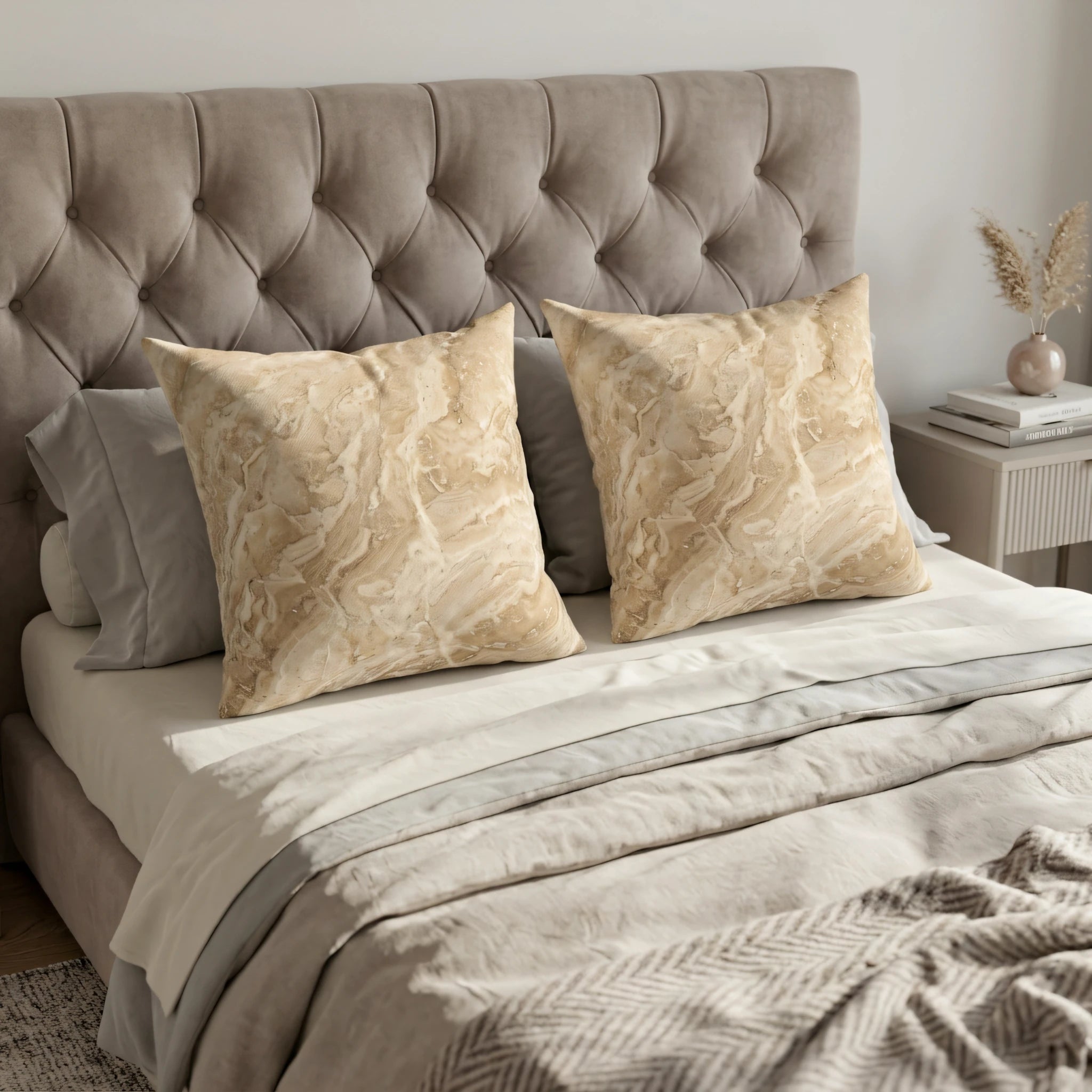 Two tan marble pattern throw pillows on a bed with a tufted velvet headboard. Cozy bedroom scene with neutral linens and decorative cushions.
