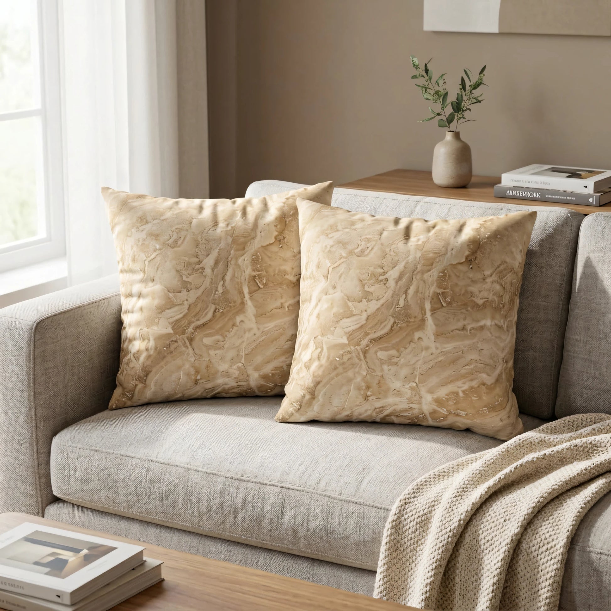Two decorative cushions with a beige marble pattern on a light gray sofa in a bright, minimalist living room lifestyle setting.
