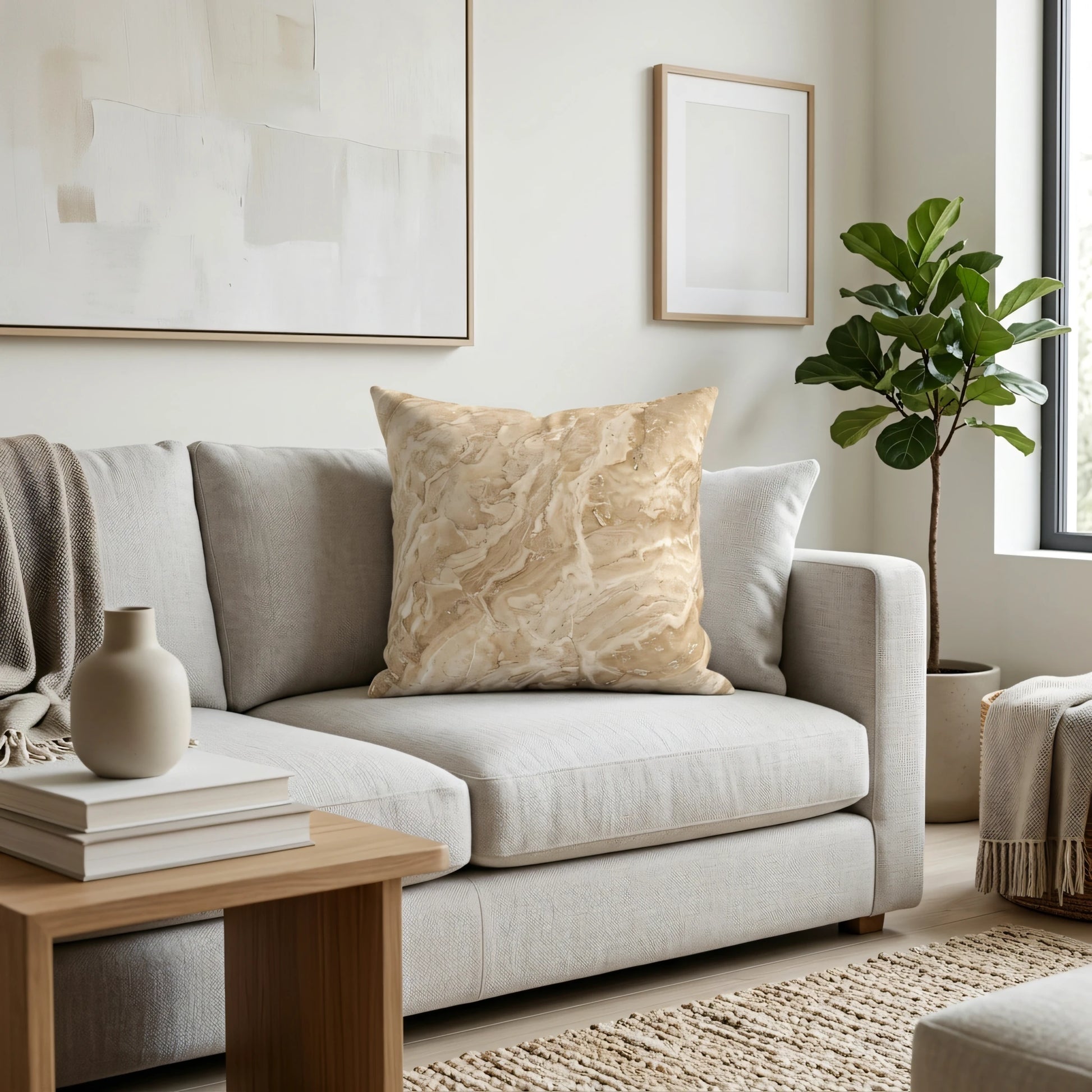 Tan and beige marble pattern cushion on a gray sofa in a modern minimalist living room setting with elegant decor and natural light.