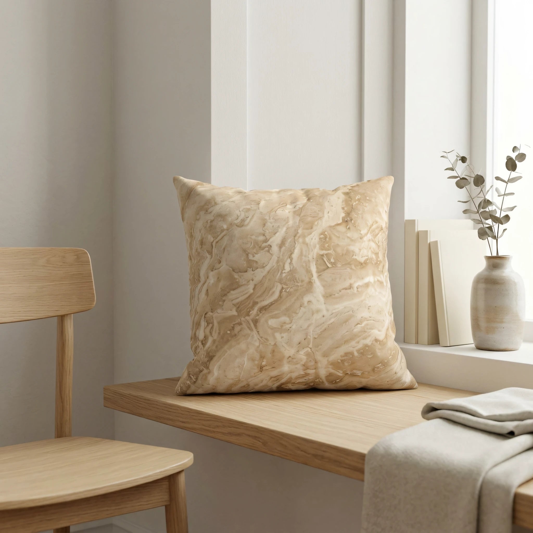 Minimalist beige marble throw pillow on a wooden bench in a neutral room setting with a wooden chair and decorative vase.