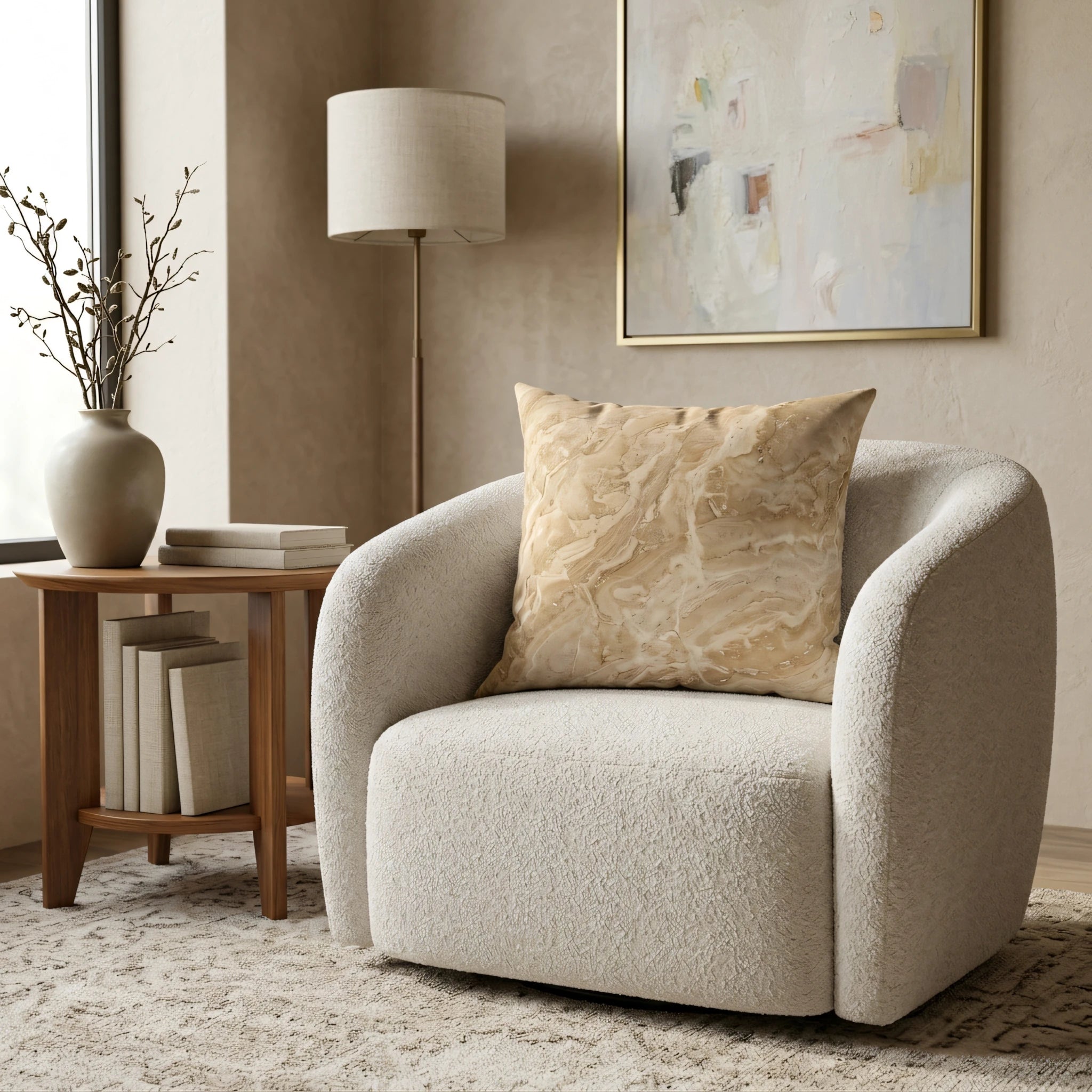 Tan marbled throw pillow on a white bouclé chair in a neutral modern living room with a wooden side table and minimalist decor.