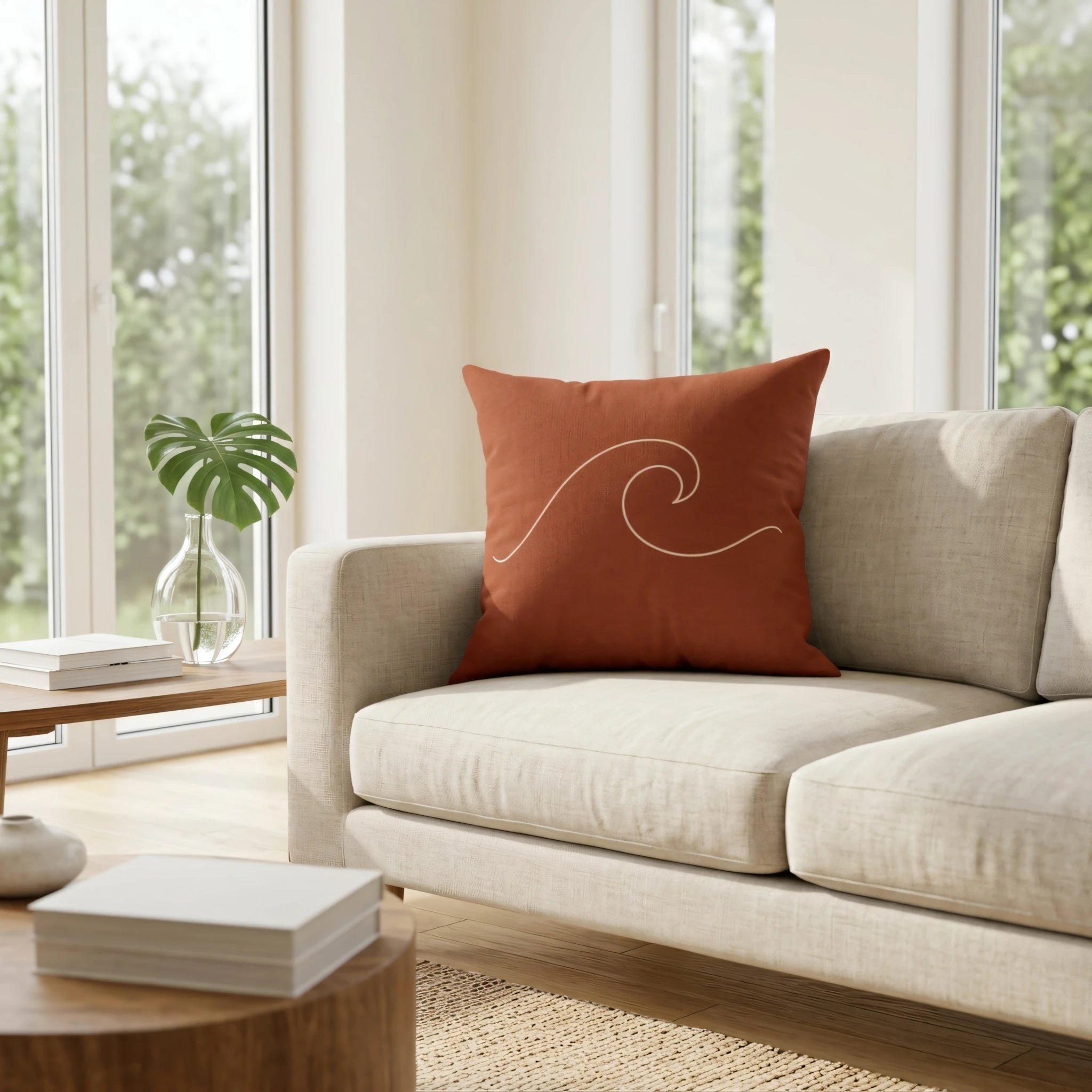 Minimalist terracotta cushion with white wave line art on a beige sofa in a bright modern living room lifestyle setting.
