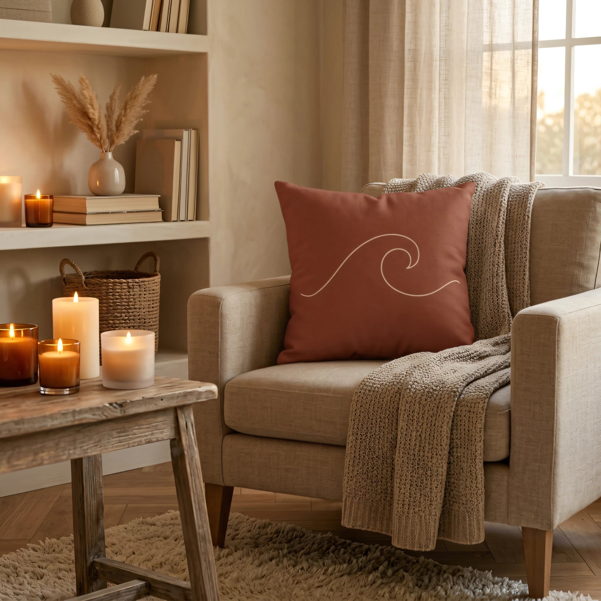 Terracotta throw pillow with minimalist wave art on a beige armchair in a cozy, candlelit living room corner with a knit blanket.