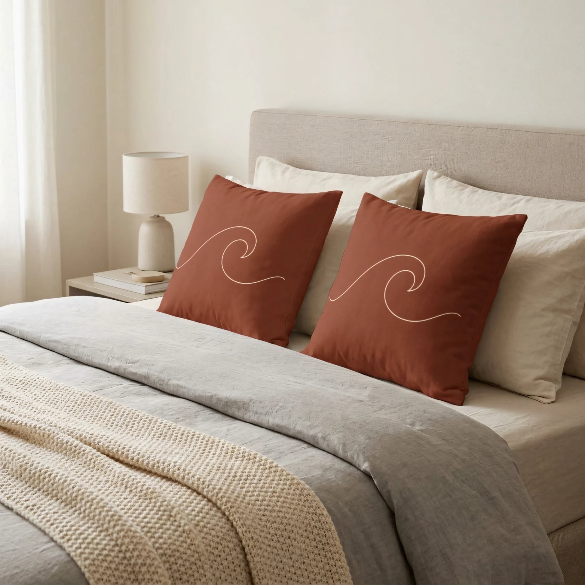 Terracotta cushions with minimalist white wave patterns on a bed with grey linens and a knit throw in a cozy neutral-toned bedroom setting.