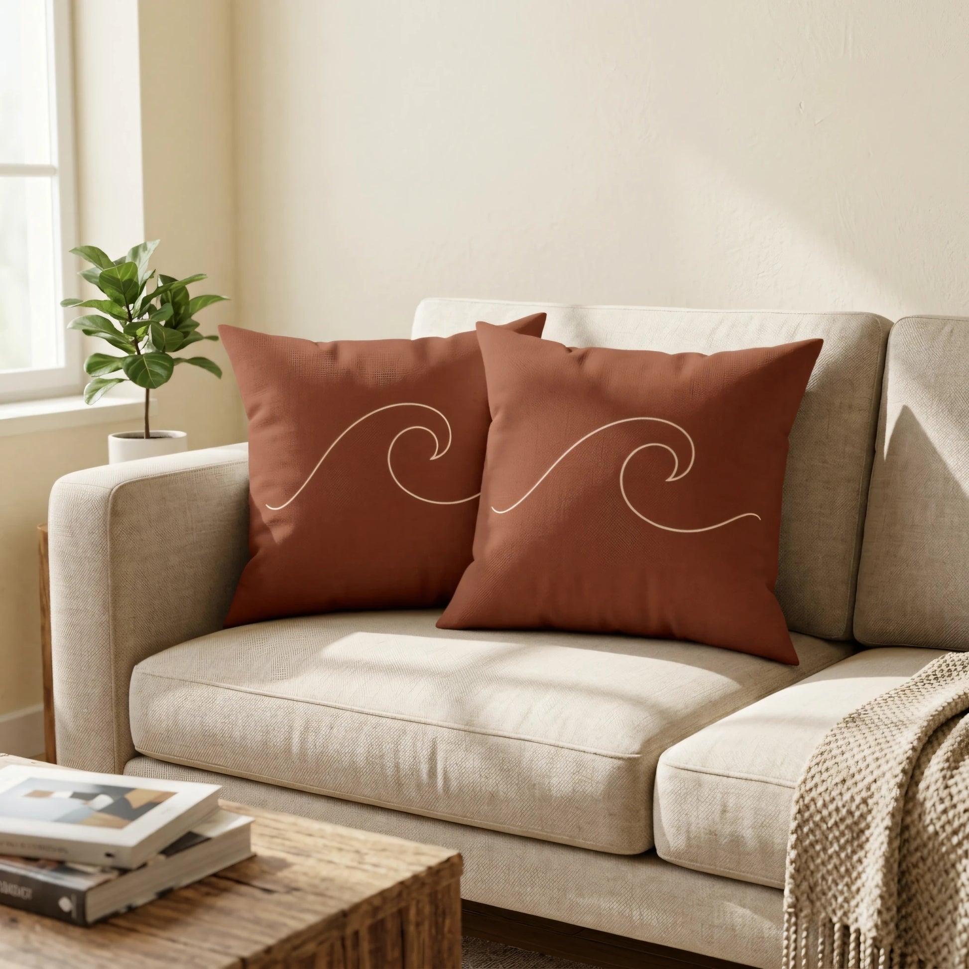 Terracotta throw pillows with minimalist white wave designs on a cream sofa in a bright living room, perfect for boho home decor.
