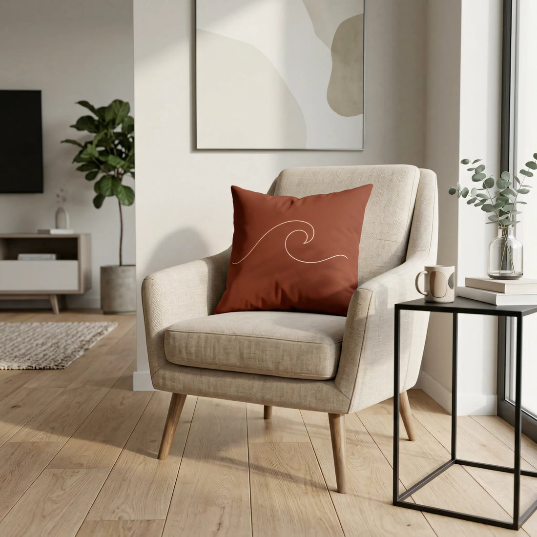 Minimalist terracotta wave print pillow on a beige armchair in a modern living room setting with natural light and wooden floors.