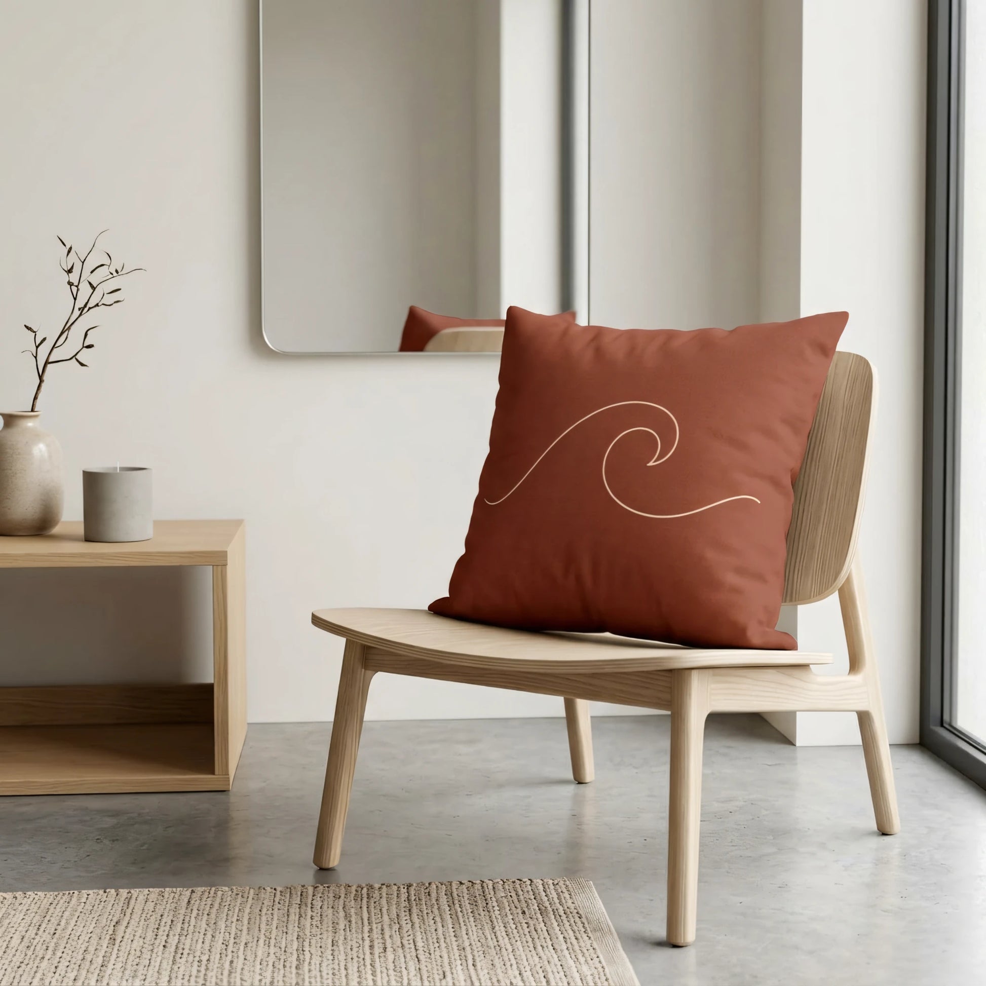 Terracotta throw pillow with a minimalist wave line art design on a wooden chair in a modern, neutral-toned living room setting.