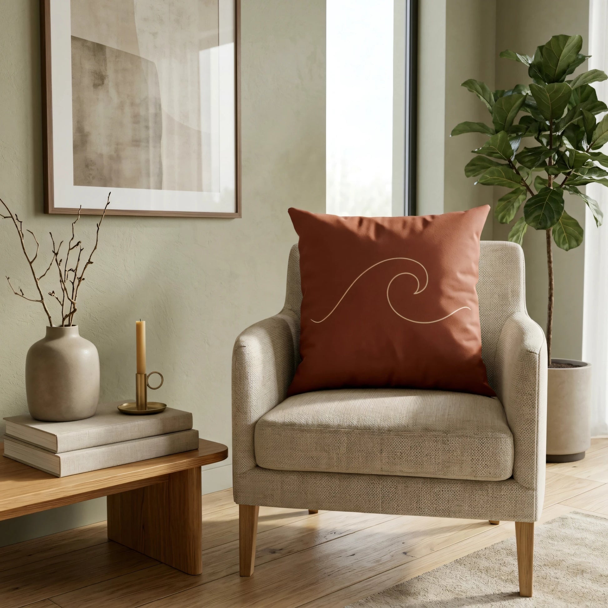 Terracotta throw pillow with minimalist white wave art on a beige armchair in a cozy, modern living room setting.