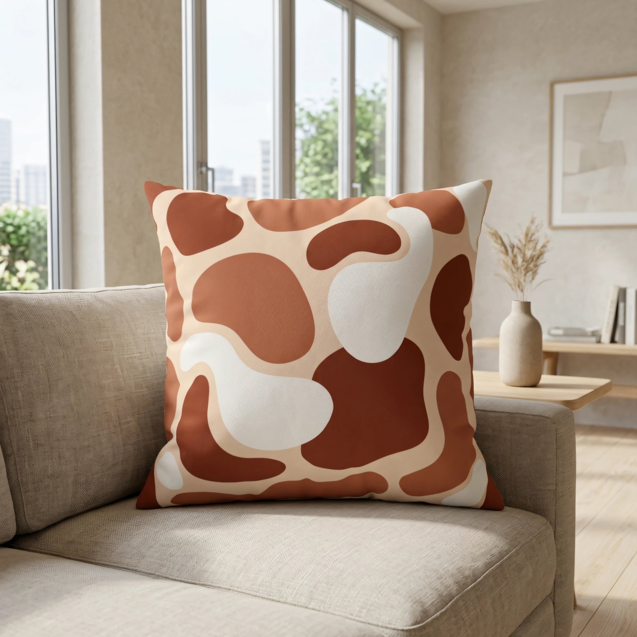Earthy terracotta and white abstract print cushion on a beige sofa in a bright, minimalist living room lifestyle shot.