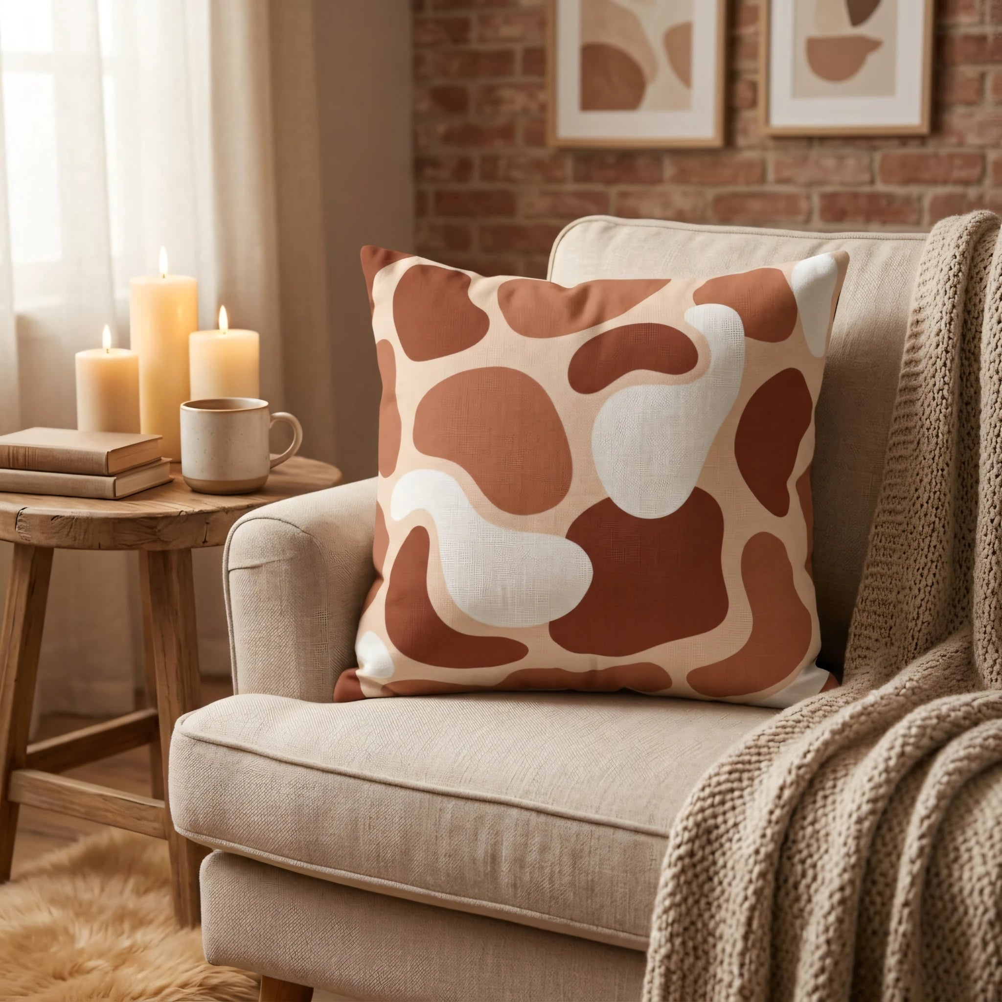Terracotta and cream abstract pattern cushion on a beige armchair in a cozy room with candles and a soft throw blanket for modern home decor.