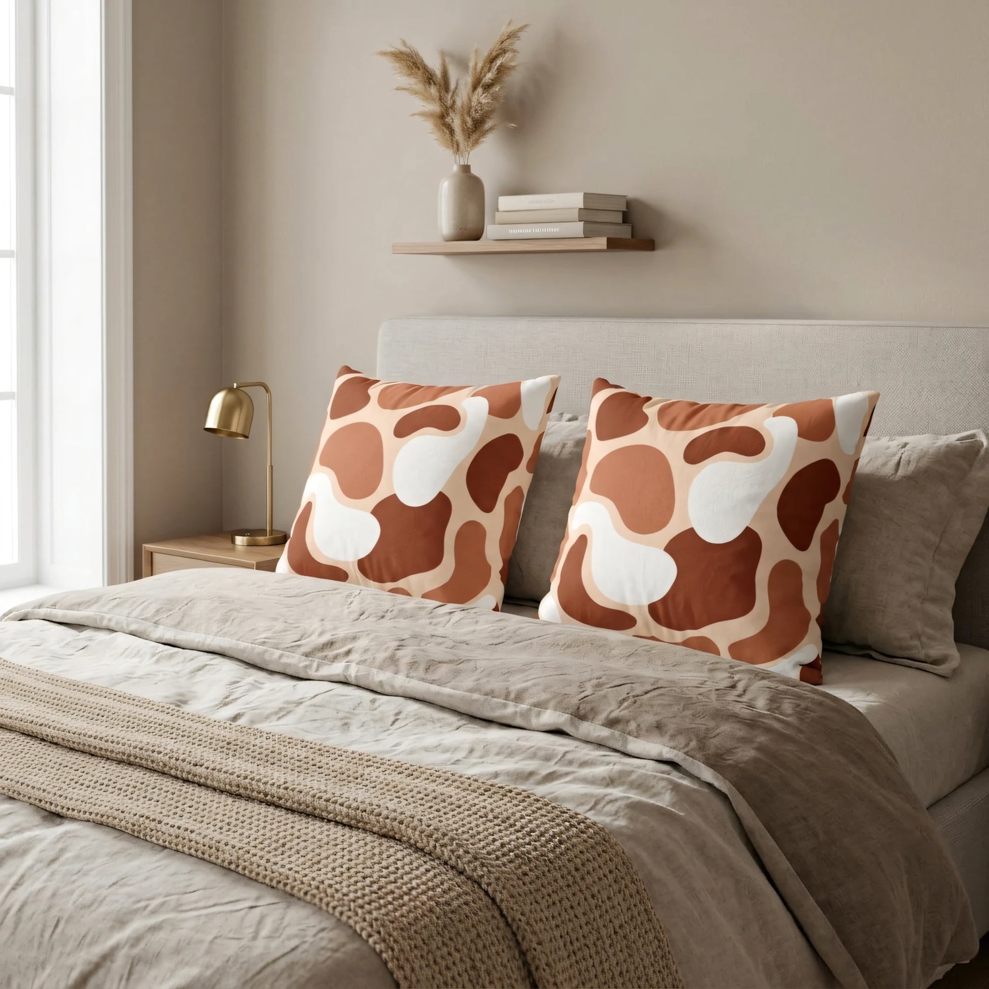Two square cushions with abstract terracotta and brown shapes on a neutral bed. Cozy lifestyle shot of modern home decor in a beige bedroom.