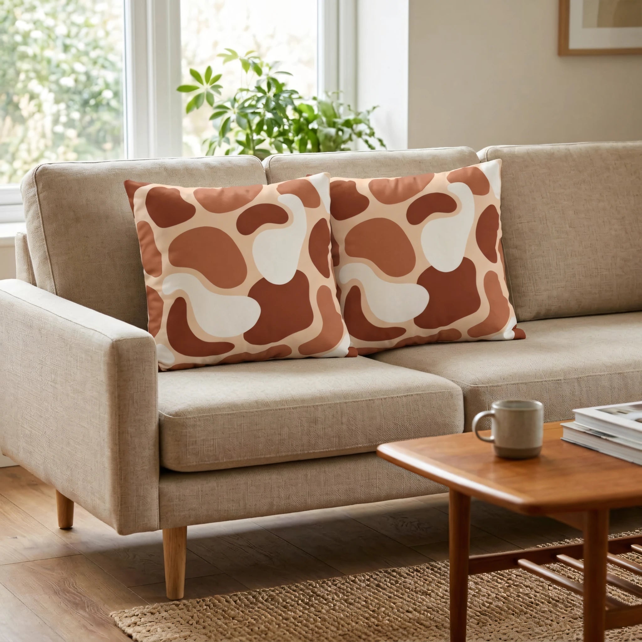 Two decorative cushions with terracotta and beige abstract patterns on a light sofa in a sunlit, modern living room lifestyle setting.