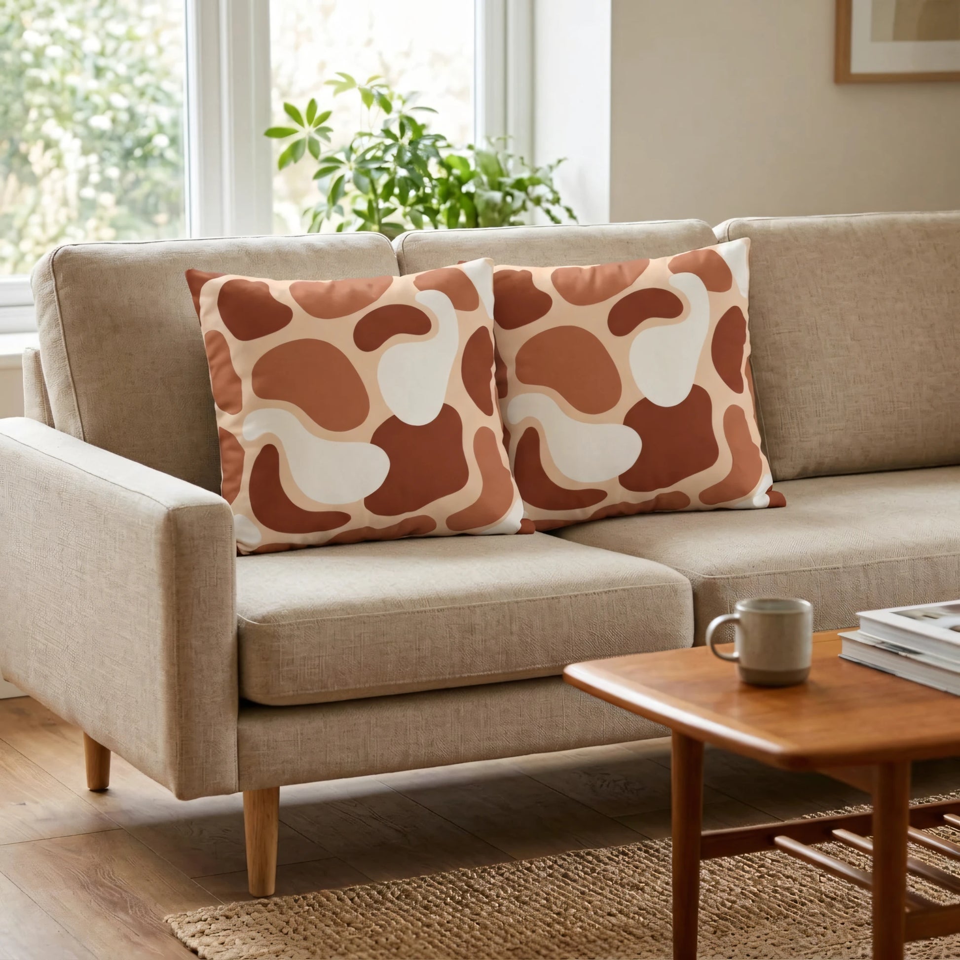 Two decorative cushions with terracotta and beige abstract patterns on a light sofa in a sunlit, modern living room lifestyle setting.